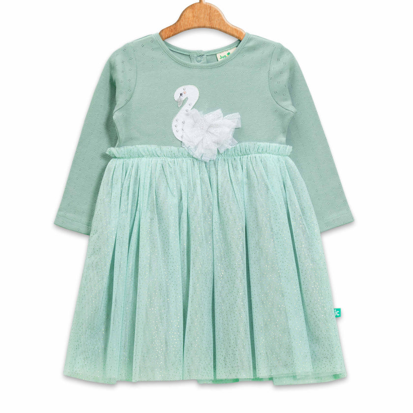 Baby Girls' Long Sleeve Party Dress – Pink Swan Appliqué with Glitter Tulle Skirt