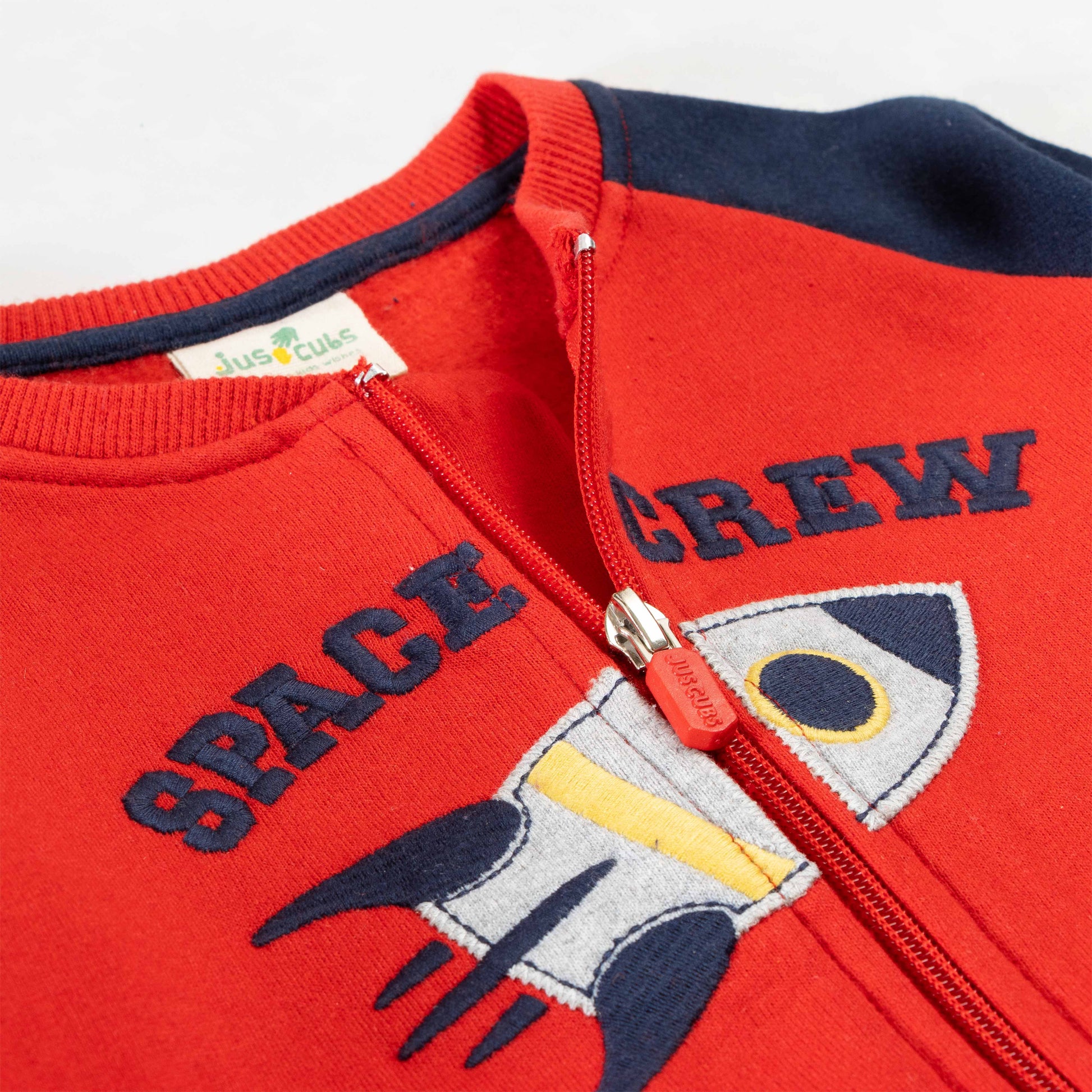 "Boys' Space Crew Zip-Up Jacket with Rocket Appliqué and Contrast Sleeves"