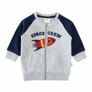 "Boys' Space Crew Zip-Up Jacket with Rocket Appliqué and Contrast Sleeves"