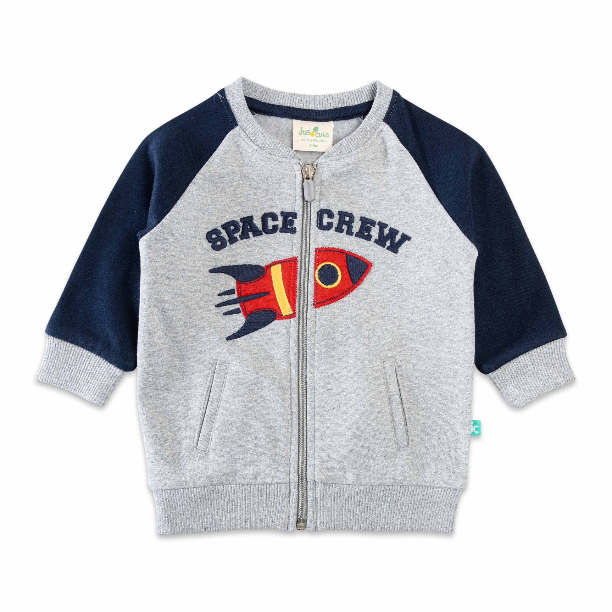 "Boys' Space Crew Zip-Up Jacket with Rocket Appliqué and Contrast Sleeves"