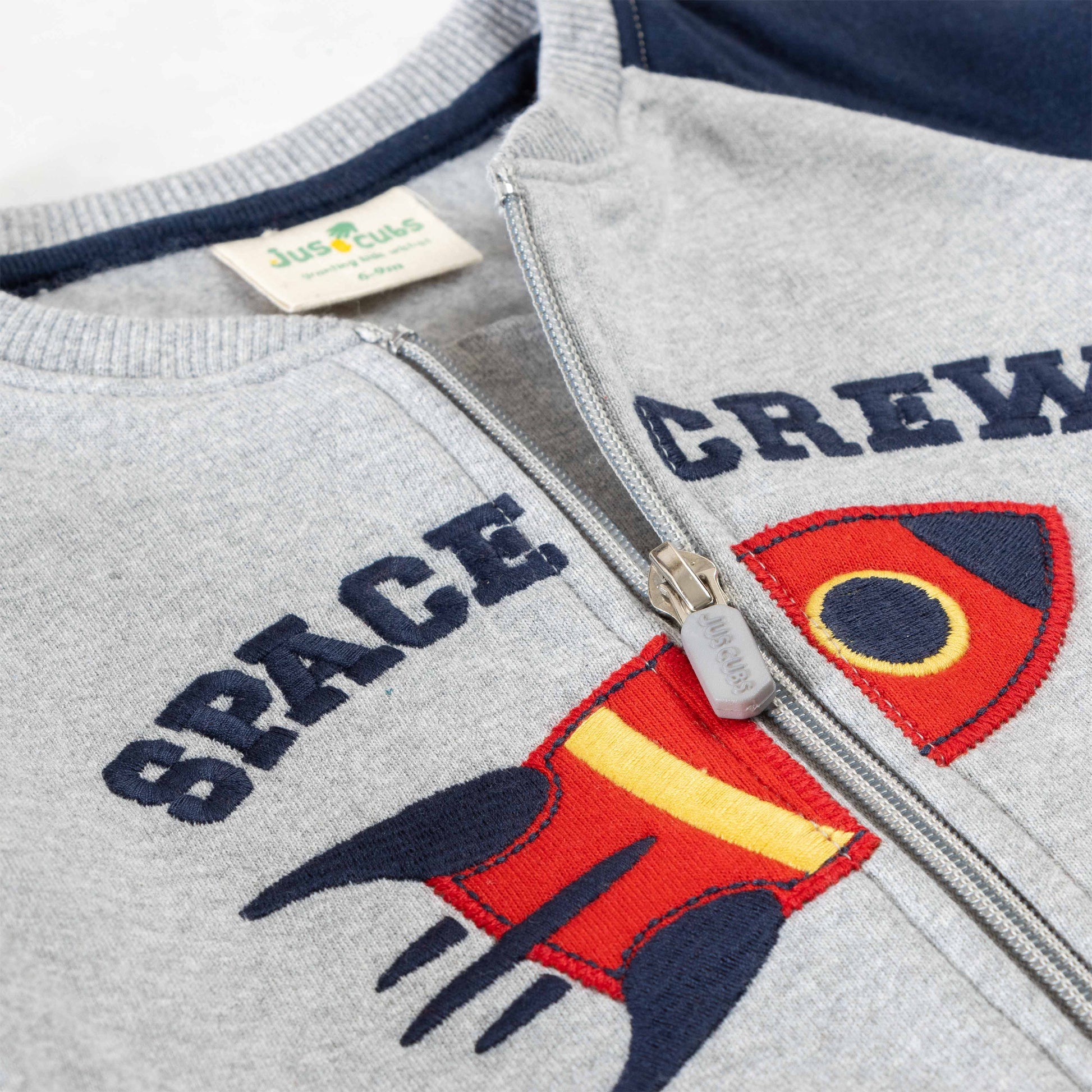 "Boys' Space Crew Zip-Up Jacket with Rocket Appliqué and Contrast Sleeves"