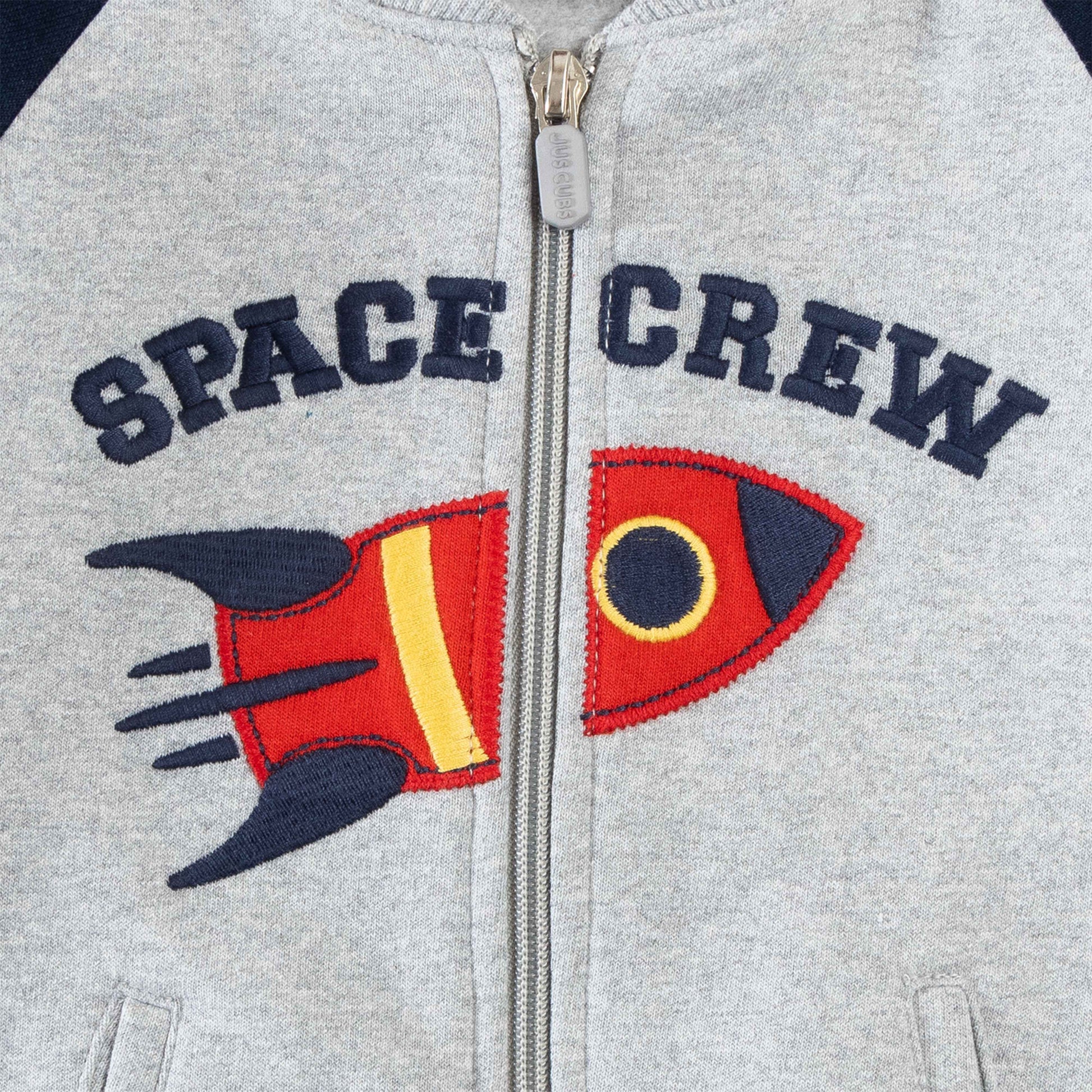 "Boys' Space Crew Zip-Up Jacket with Rocket Appliqué and Contrast Sleeves"