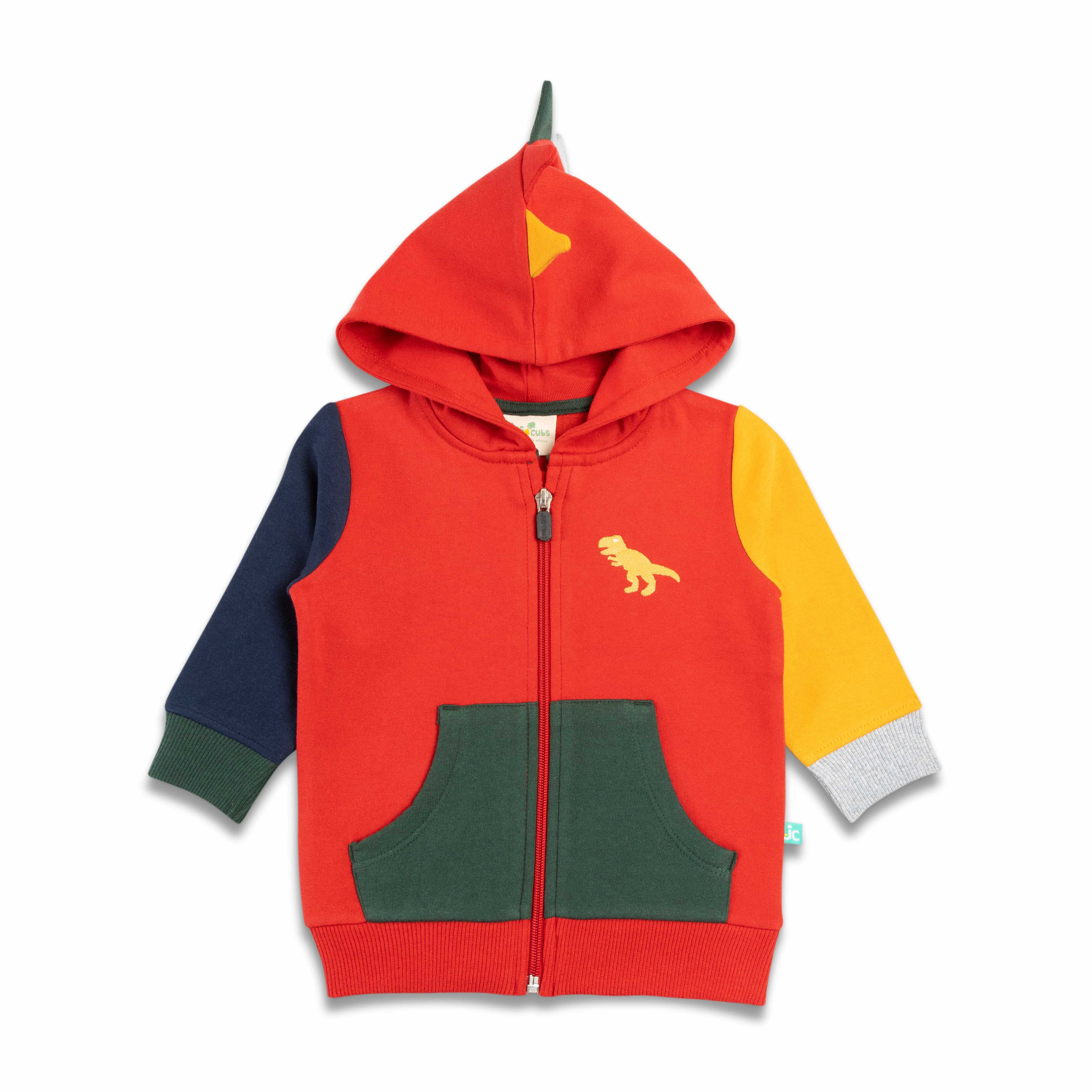 "Boys' Dino-Themed Colorblock Zip-Up Hoodie with 3D Spikes and Front Pockets"