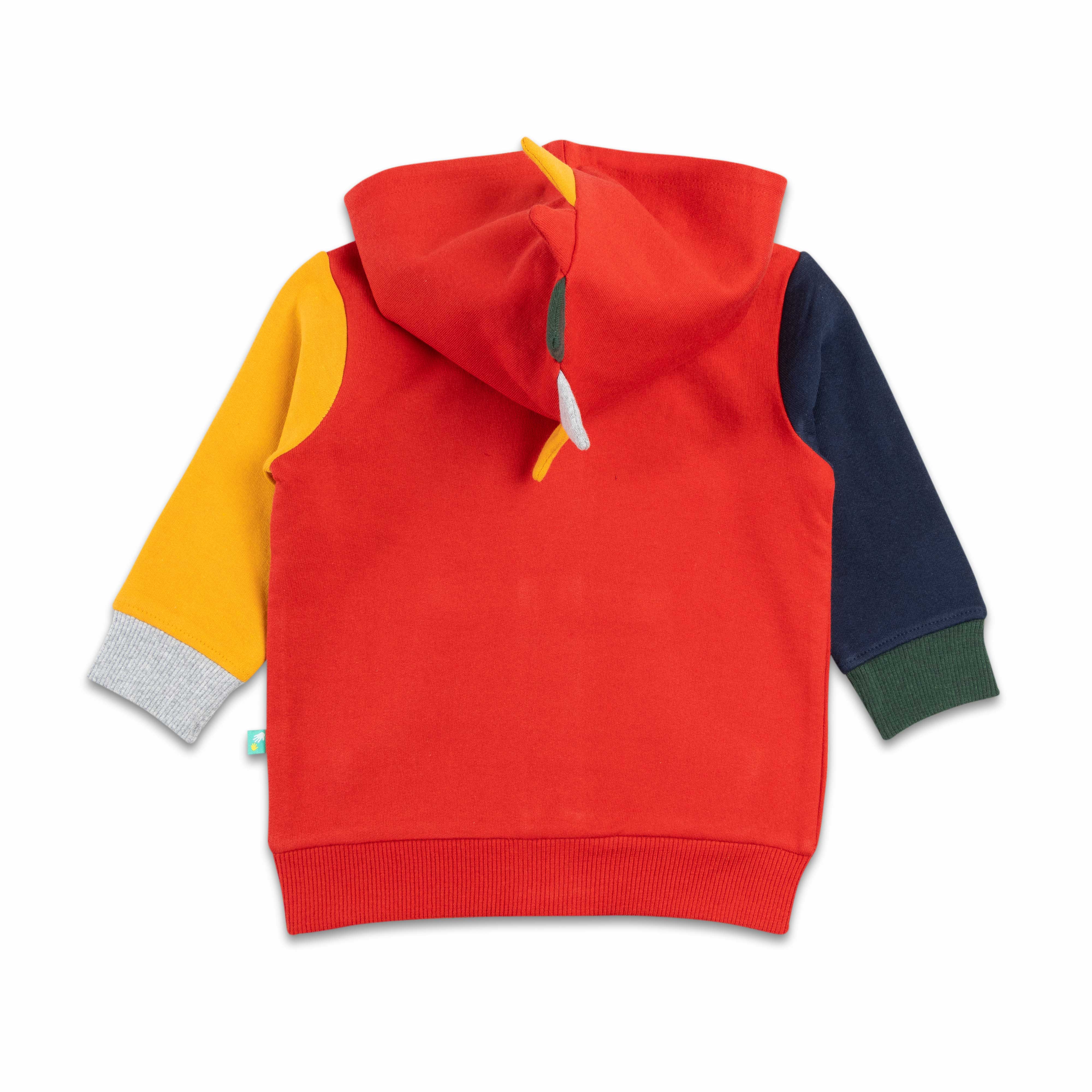 "Boys' Dino-Themed Colorblock Zip-Up Hoodie with 3D Spikes and Front Pockets"