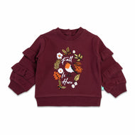 "Girls' Fall-Themed Sweatshirt with Ruffle Sleeves and Embroidered Bird Design"