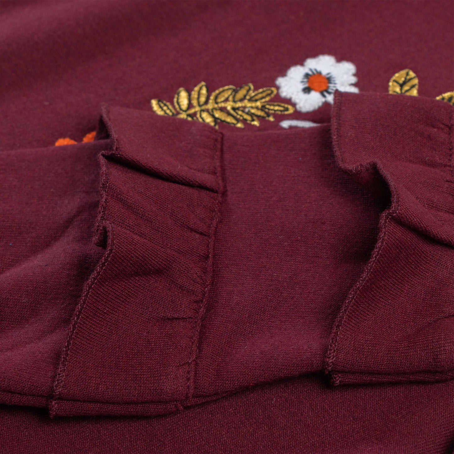 "Girls' Fall-Themed Sweatshirt with Ruffle Sleeves and Embroidered Bird Design"