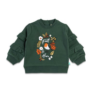 "Girls' Fall-Themed Sweatshirt with Ruffle Sleeves and Embroidered Bird Design"