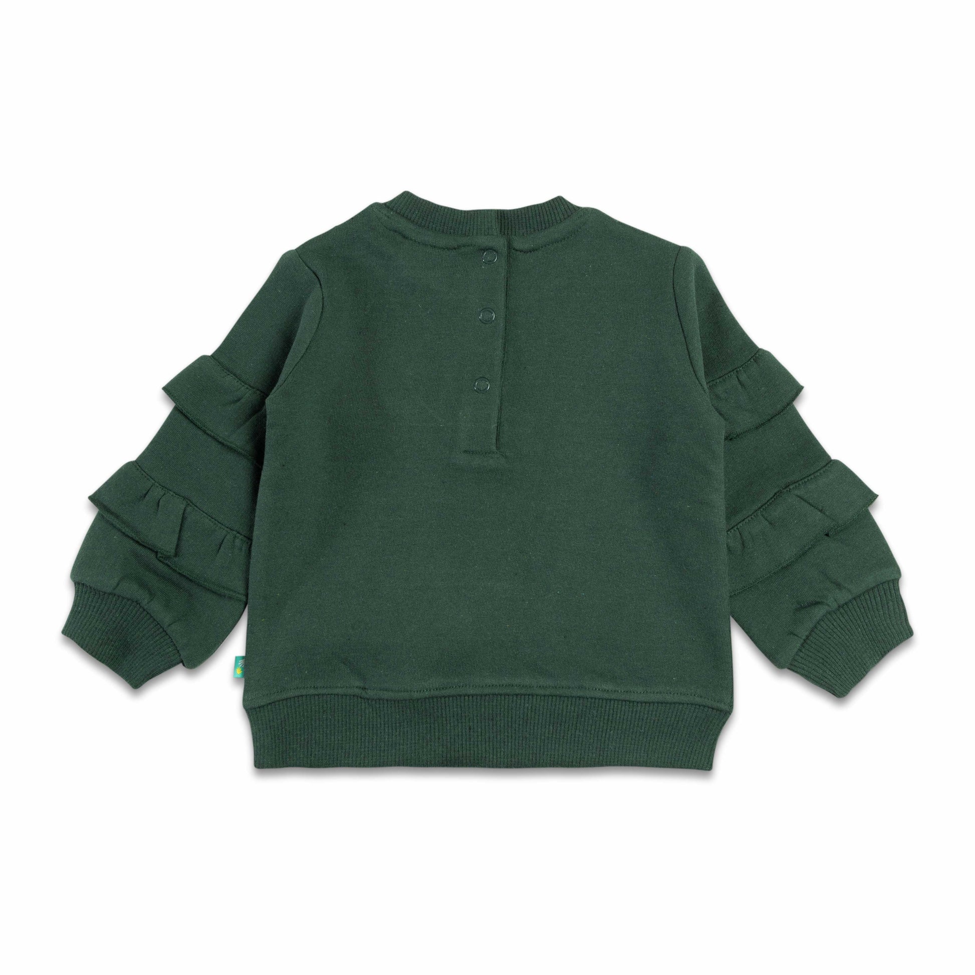 "Girls' Fall-Themed Sweatshirt with Ruffle Sleeves and Embroidered Bird Design"