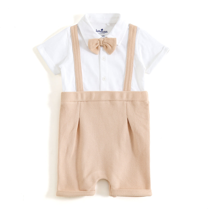 JusCubs Baby Boys Formal Suspender Romper with Bow Tie – Beige & White