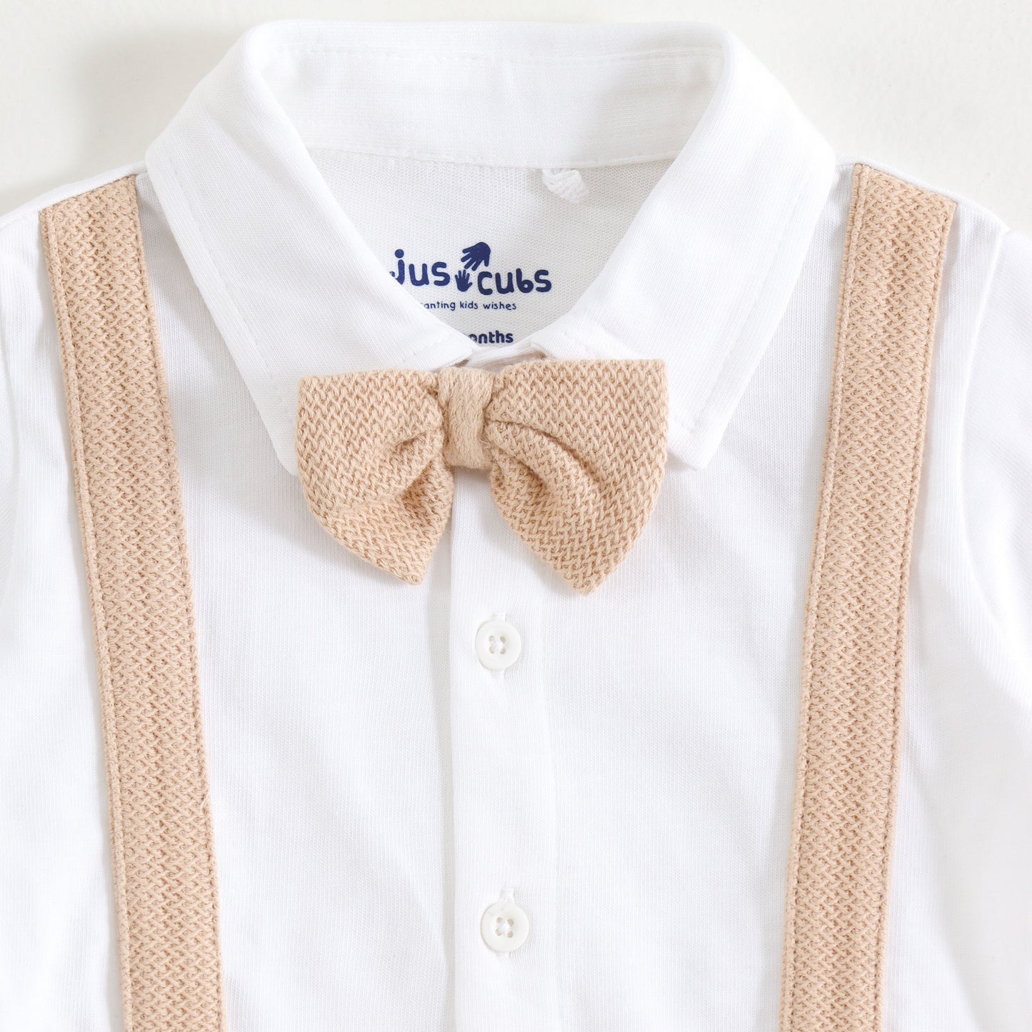 JusCubs Baby Boys Formal Suspender Romper with Bow Tie – Beige & White