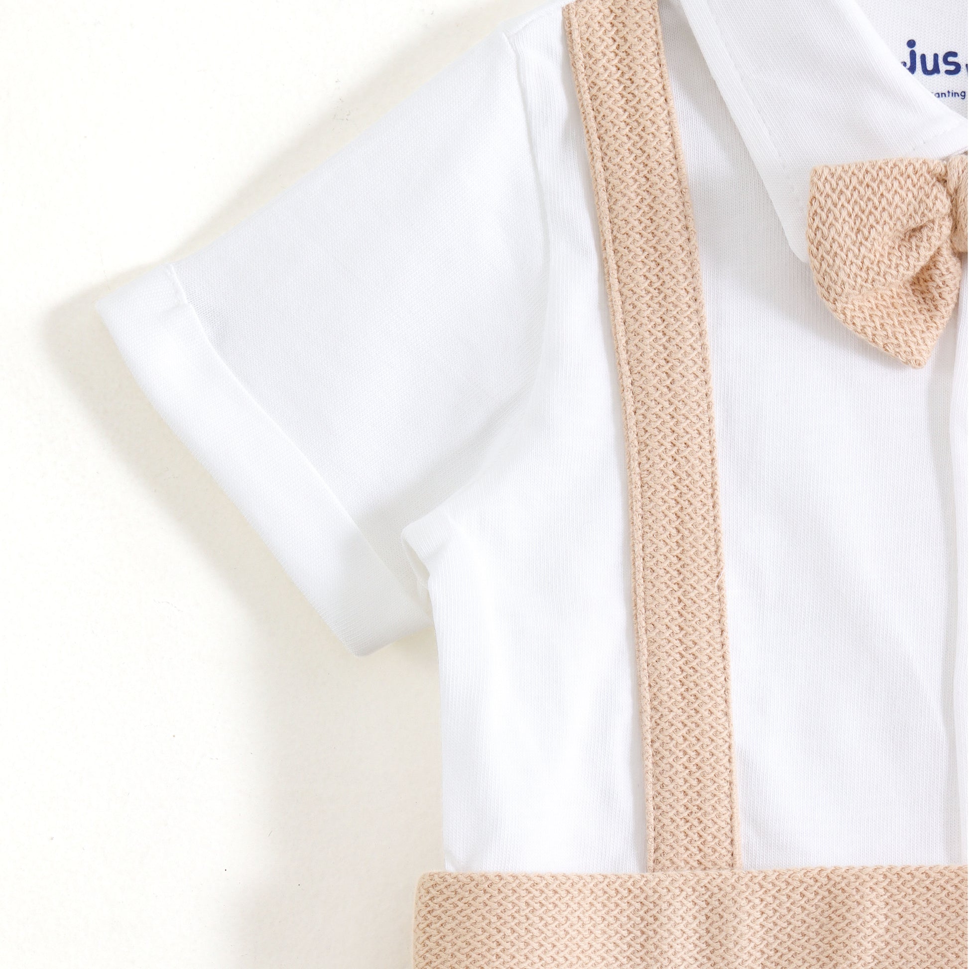 JusCubs Baby Boys Formal Suspender Romper with Bow Tie – Beige & White