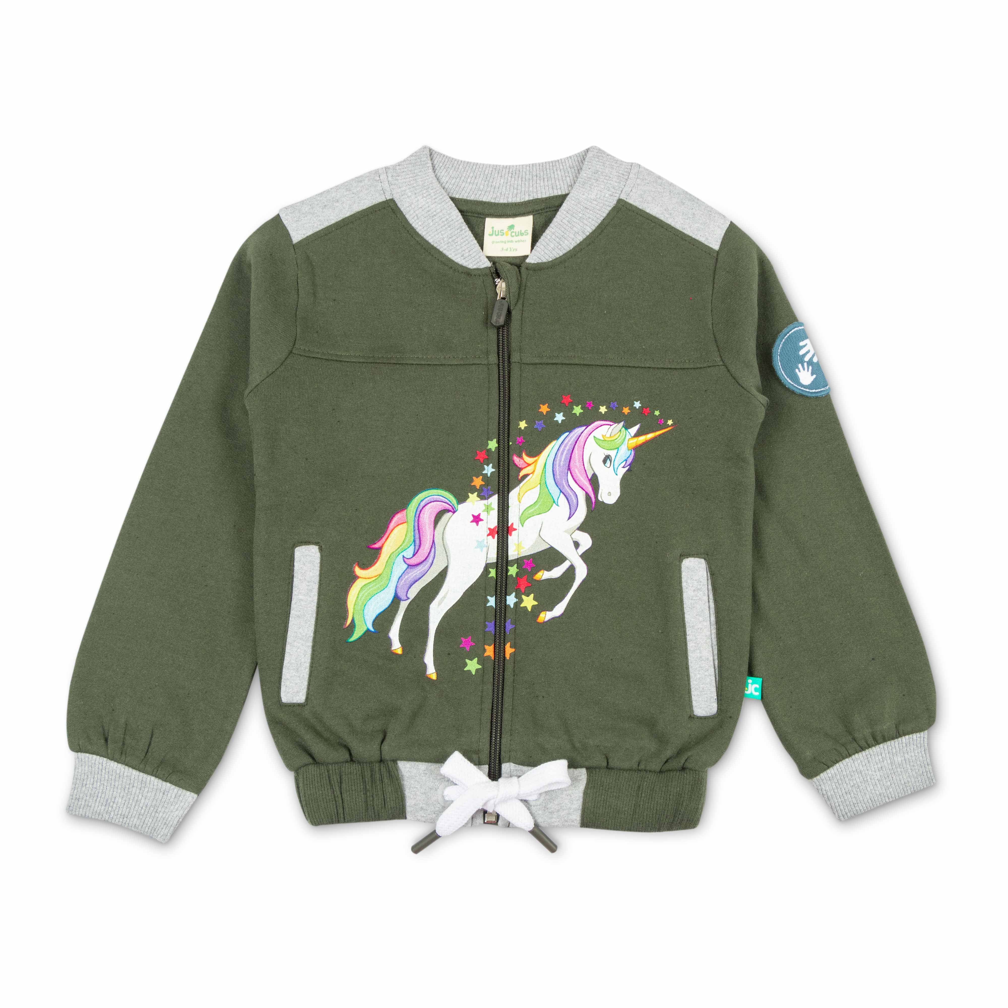 "Girls' Unicorn Zip-Up Sweatshirt – Rainbow Mane & Star Print, Full Sleeves"