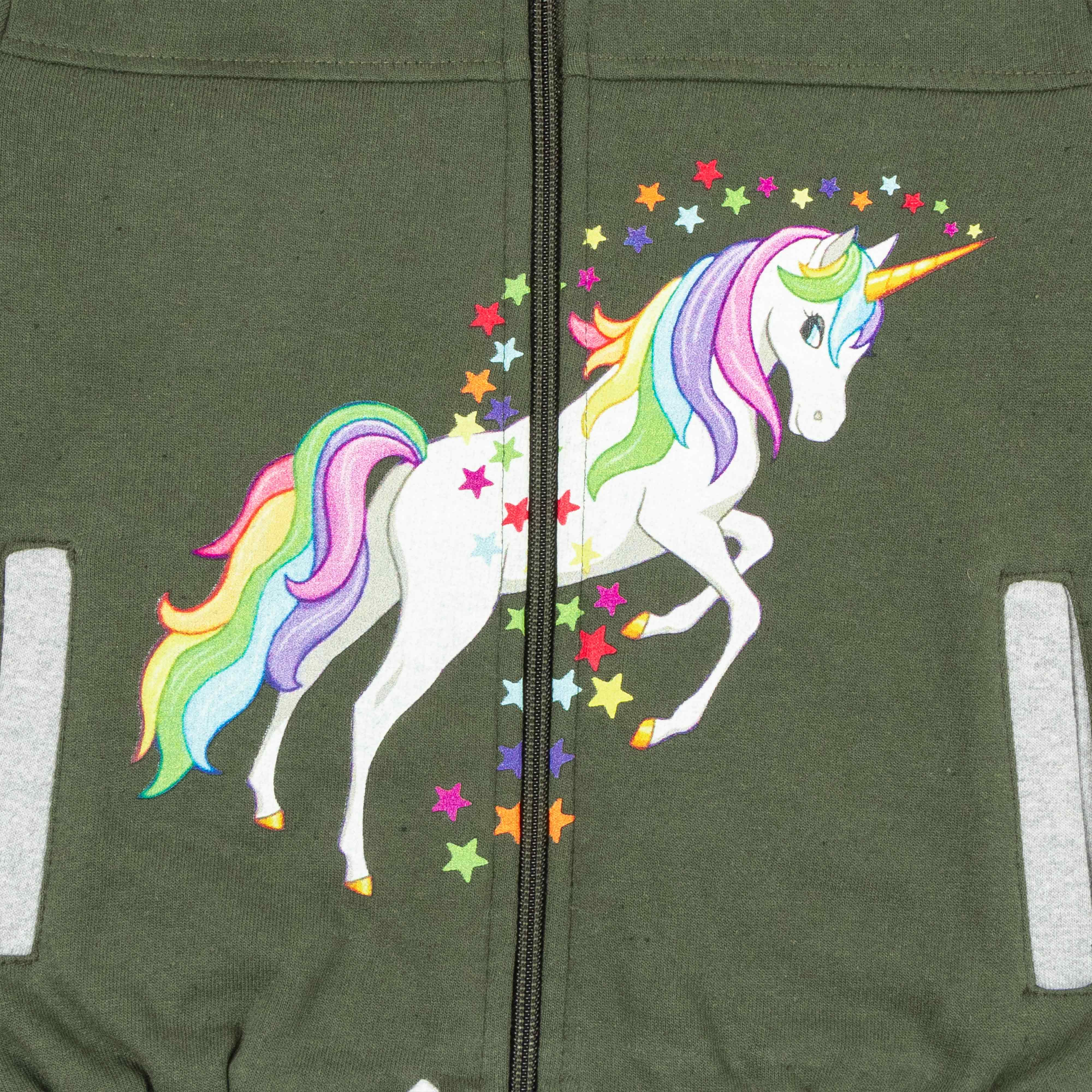 "Girls' Unicorn Zip-Up Sweatshirt – Rainbow Mane & Star Print, Full Sleeves"