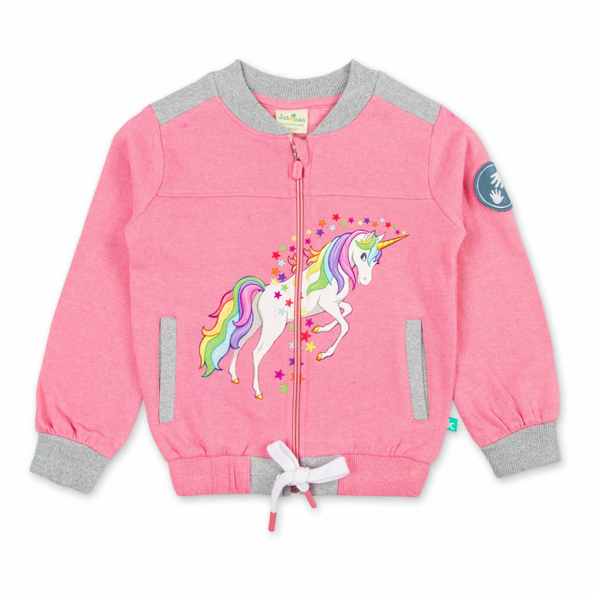 "Girls' Unicorn Zip-Up Sweatshirt – Rainbow Mane & Star Print, Full Sleeves"