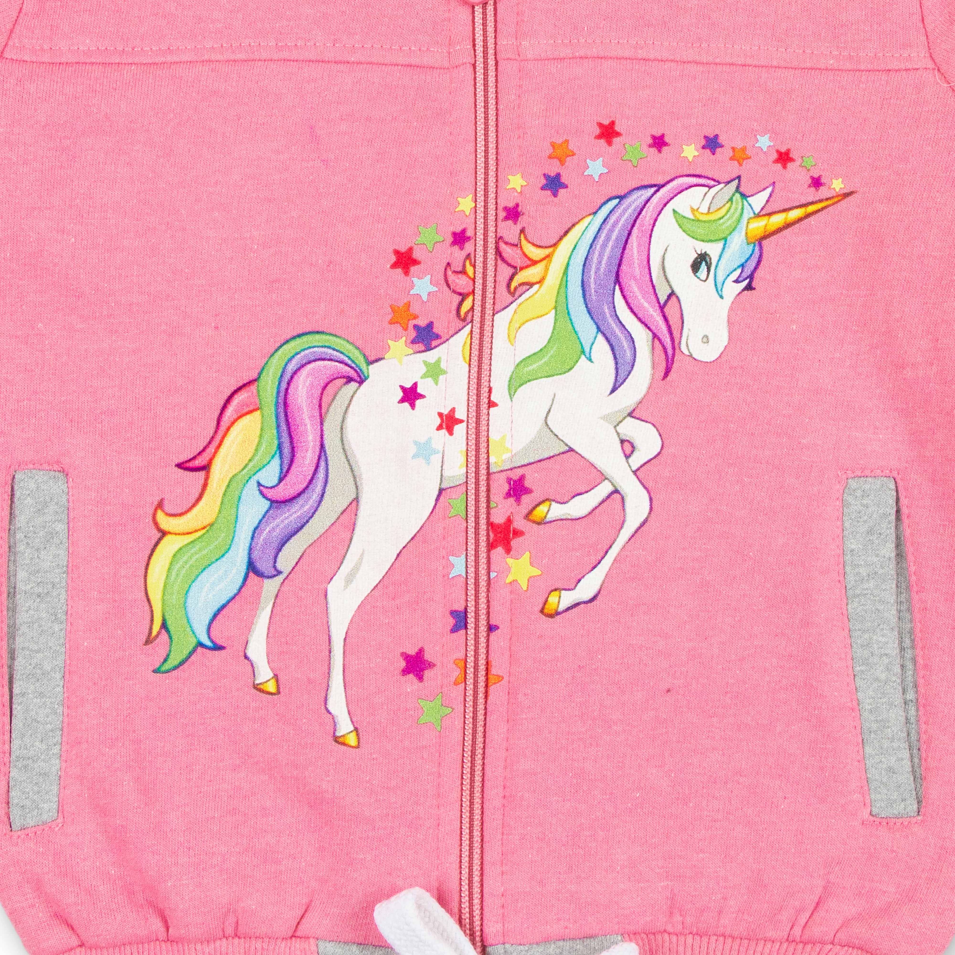 "Girls' Unicorn Zip-Up Sweatshirt – Rainbow Mane & Star Print, Full Sleeves"