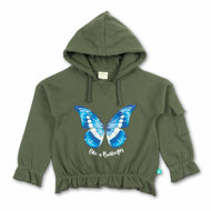 "Girls' Hoodie with Blue Butterfly Print – 'Like a Butterfly' Graphic & Ruffle Hem"