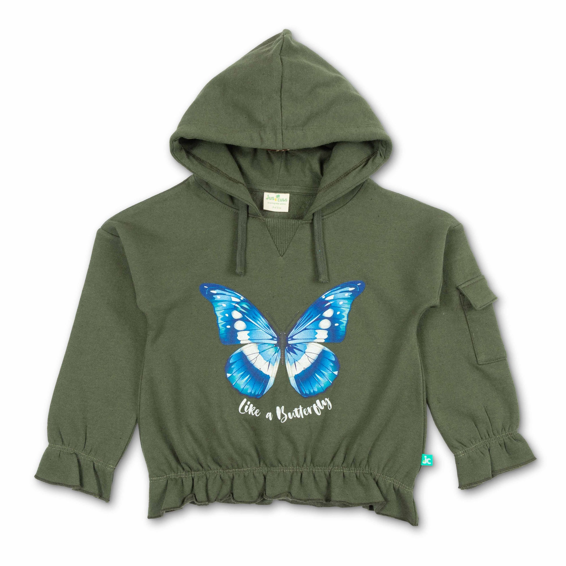 "Girls' Hoodie with Blue Butterfly Print – 'Like a Butterfly' Graphic & Ruffle Hem"