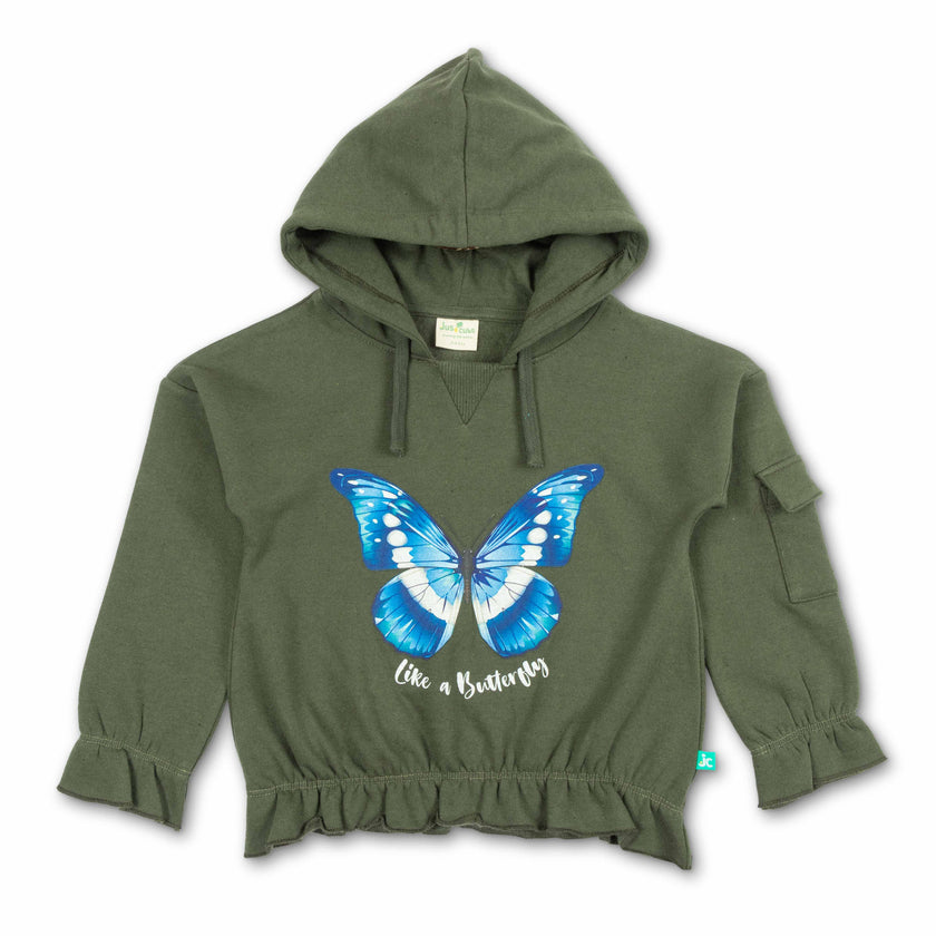 "Girls' Hoodie with Blue Butterfly Print – 'Like a Butterfly' Graphic & Ruffle Hem"
