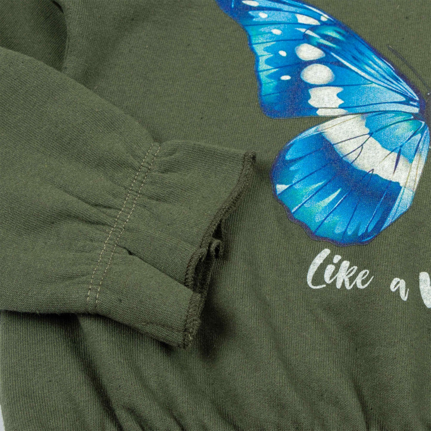 "Girls' Hoodie with Blue Butterfly Print – 'Like a Butterfly' Graphic & Ruffle Hem"