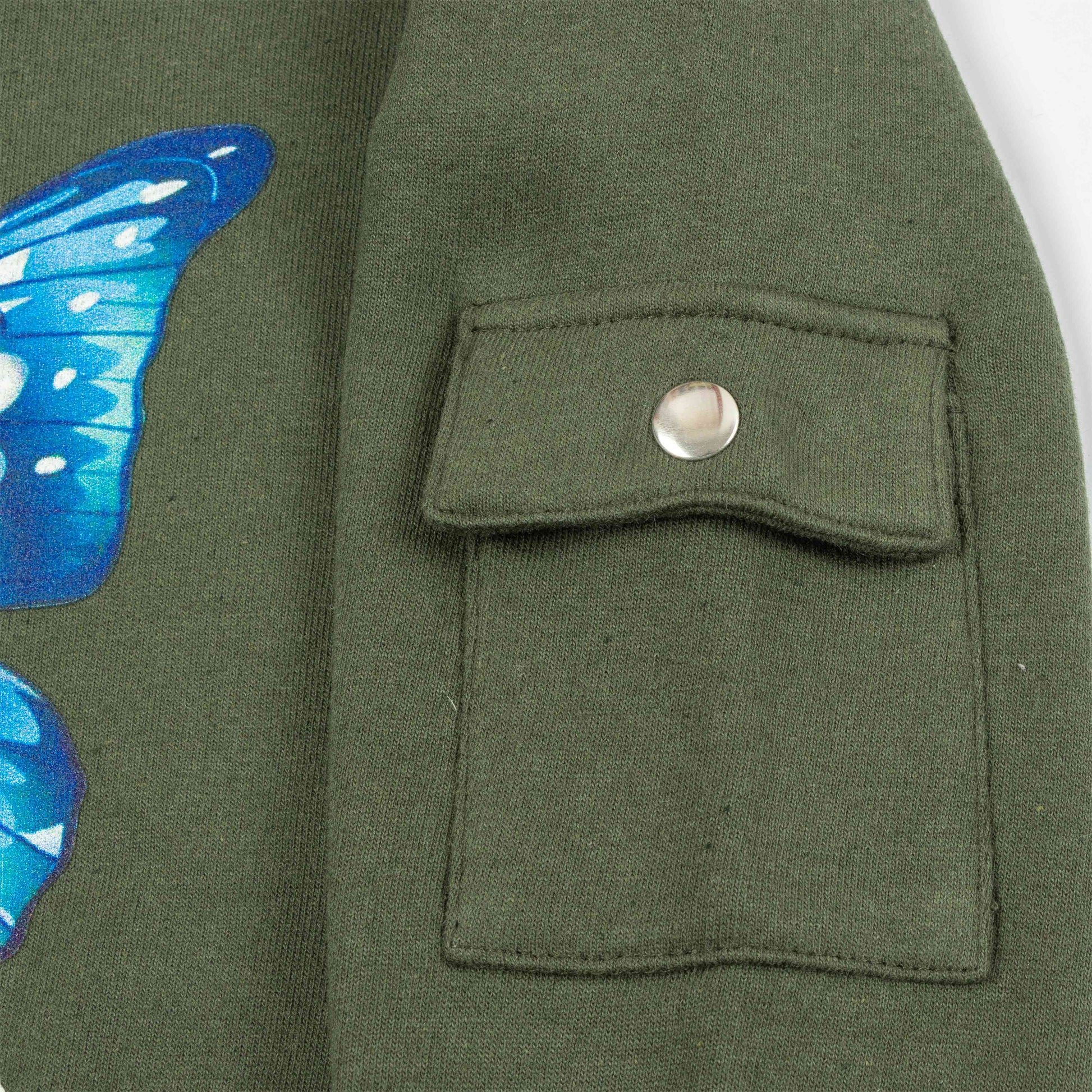 "Girls' Hoodie with Blue Butterfly Print – 'Like a Butterfly' Graphic & Ruffle Hem"