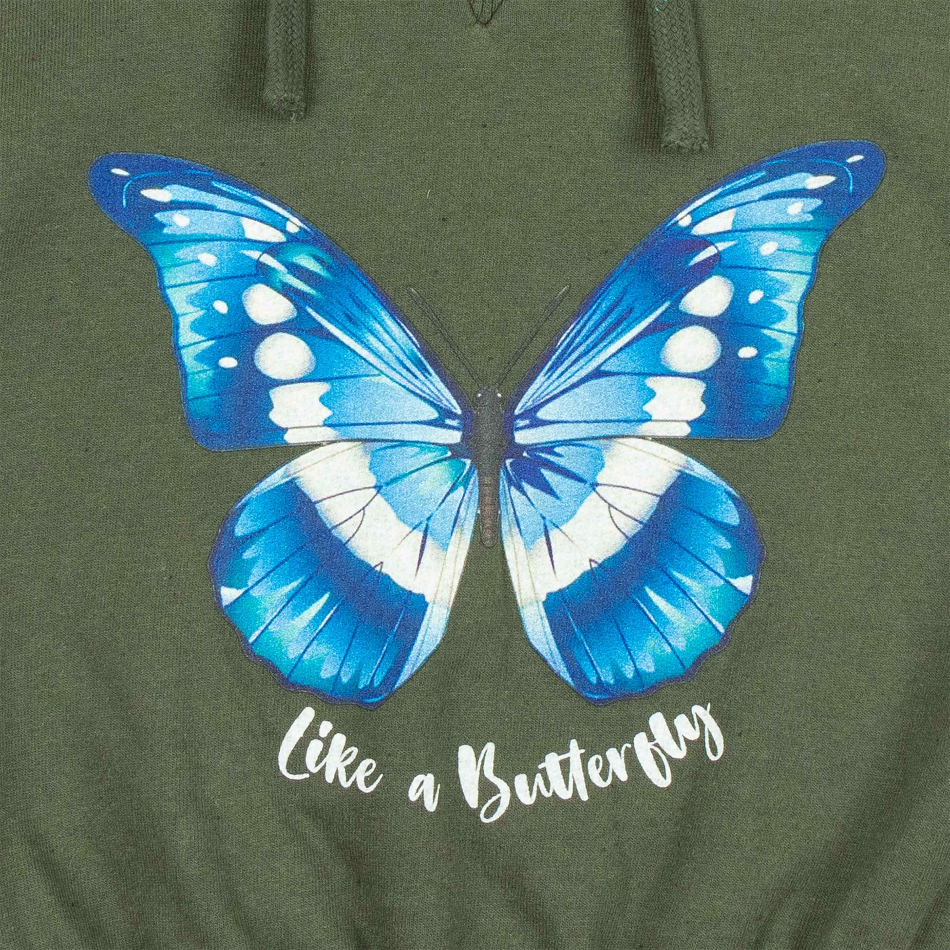 "Girls' Hoodie with Blue Butterfly Print – 'Like a Butterfly' Graphic & Ruffle Hem"