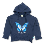 "Girls' Hoodie with Blue Butterfly Print – 'Like a Butterfly' Graphic & Ruffle Hem"