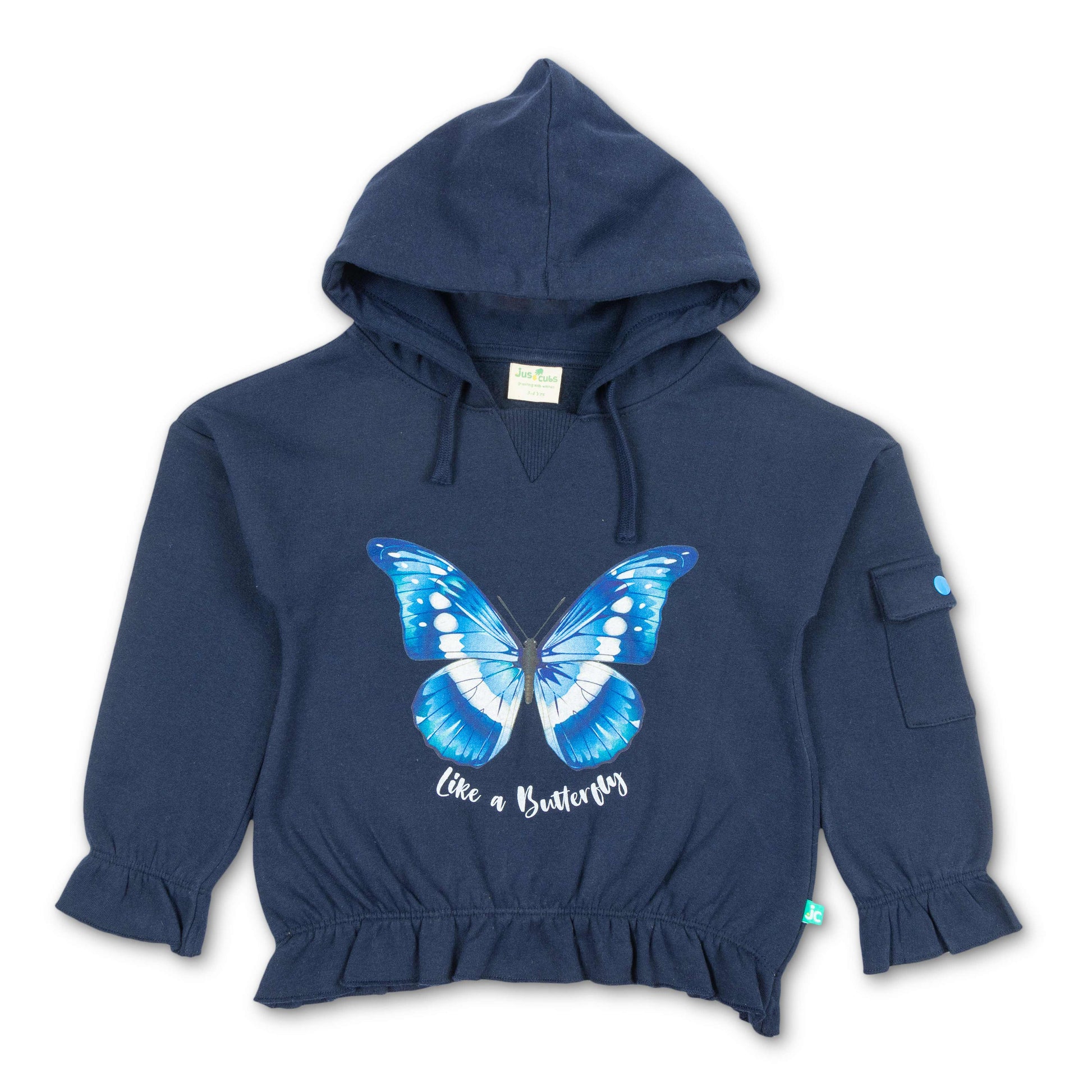 "Girls' Hoodie with Blue Butterfly Print – 'Like a Butterfly' Graphic & Ruffle Hem"