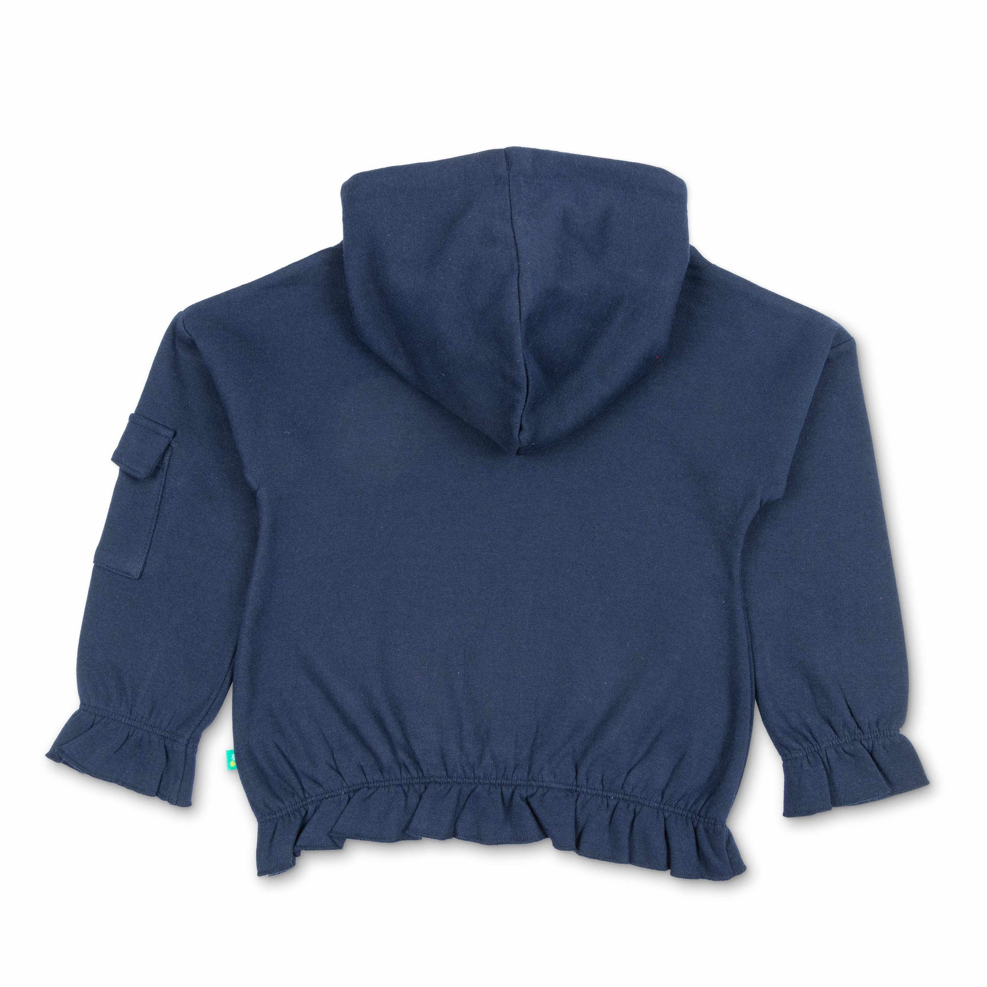 "Girls' Hoodie with Blue Butterfly Print – 'Like a Butterfly' Graphic & Ruffle Hem"