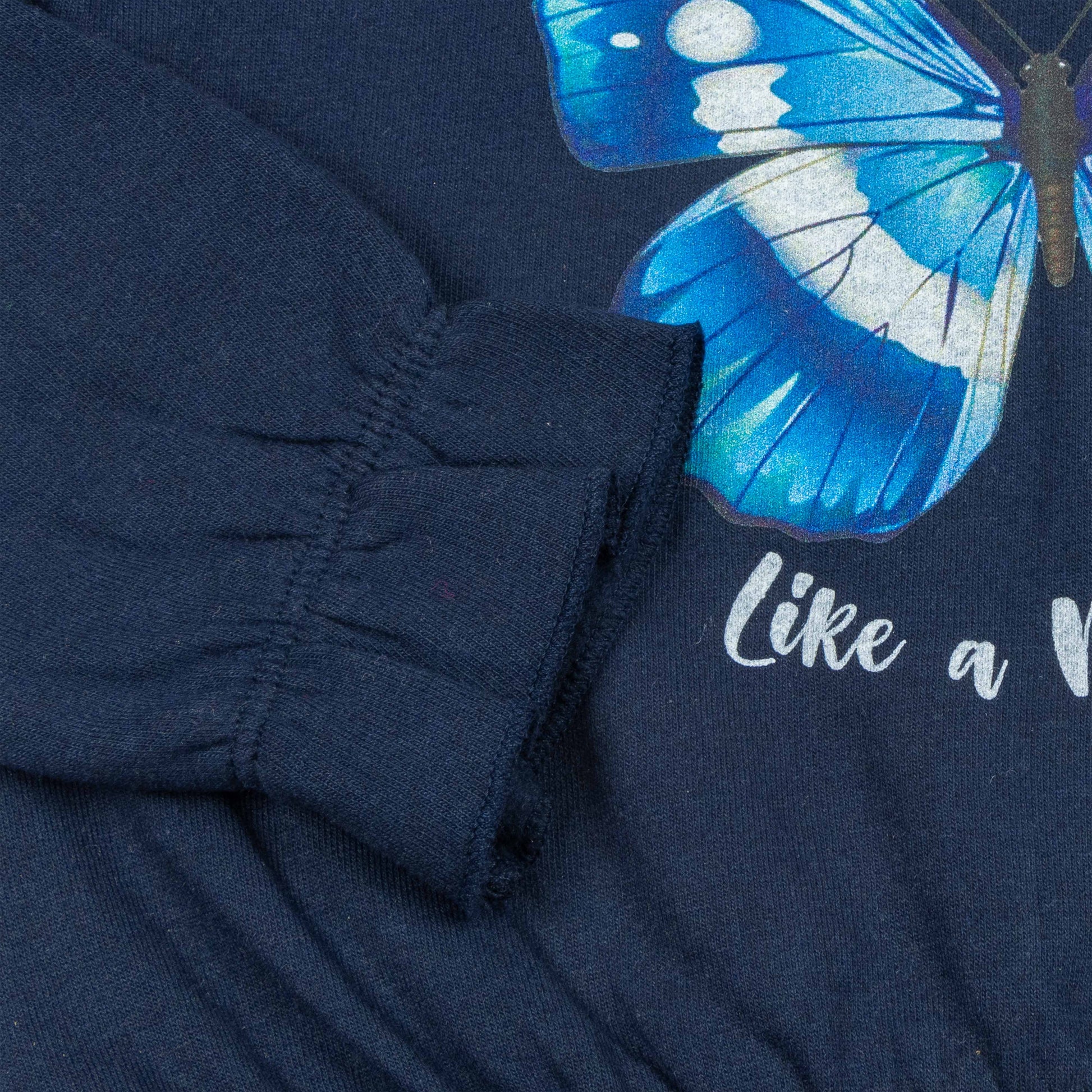 "Girls' Hoodie with Blue Butterfly Print – 'Like a Butterfly' Graphic & Ruffle Hem"