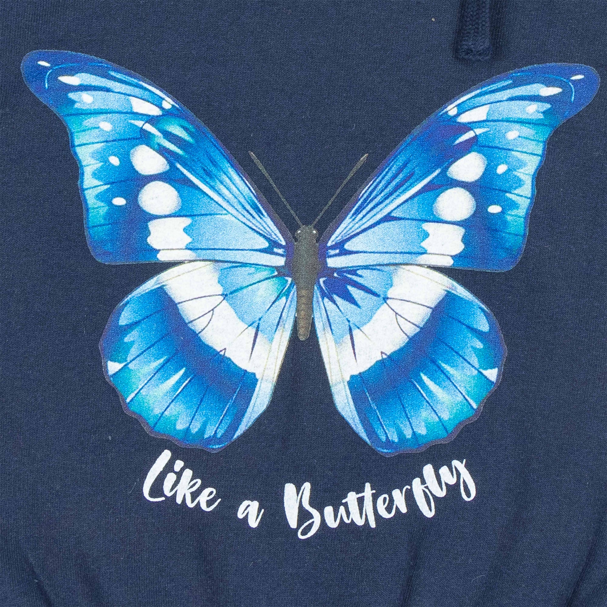 "Girls' Hoodie with Blue Butterfly Print – 'Like a Butterfly' Graphic & Ruffle Hem"