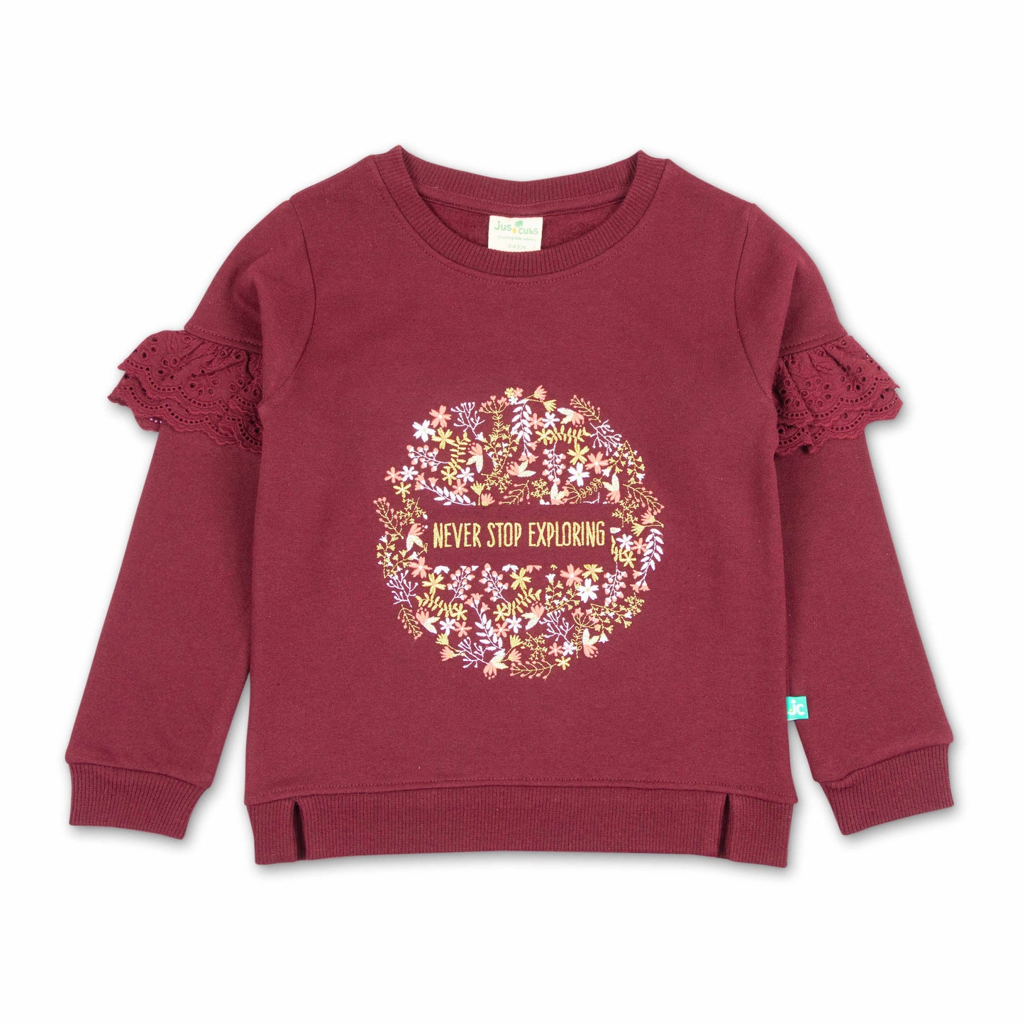 "Girls' Sweatshirt with Floral 'Never Stop Exploring' Print & Lace Ruffle Sleeves"