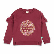 "Girls' Sweatshirt with Floral 'Never Stop Exploring' Print & Lace Ruffle Sleeves"