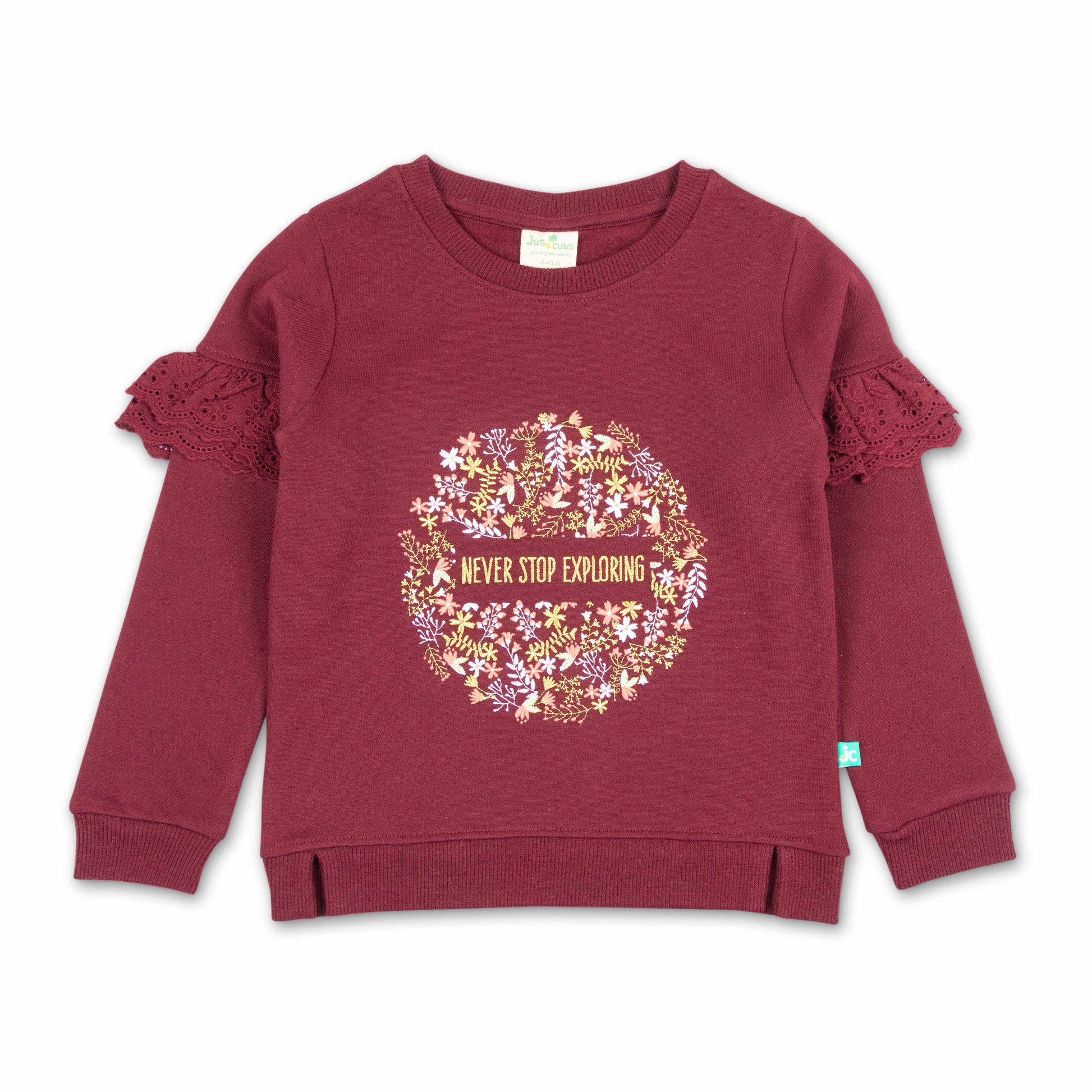 "Girls' Sweatshirt with Floral 'Never Stop Exploring' Print & Lace Ruffle Sleeves"