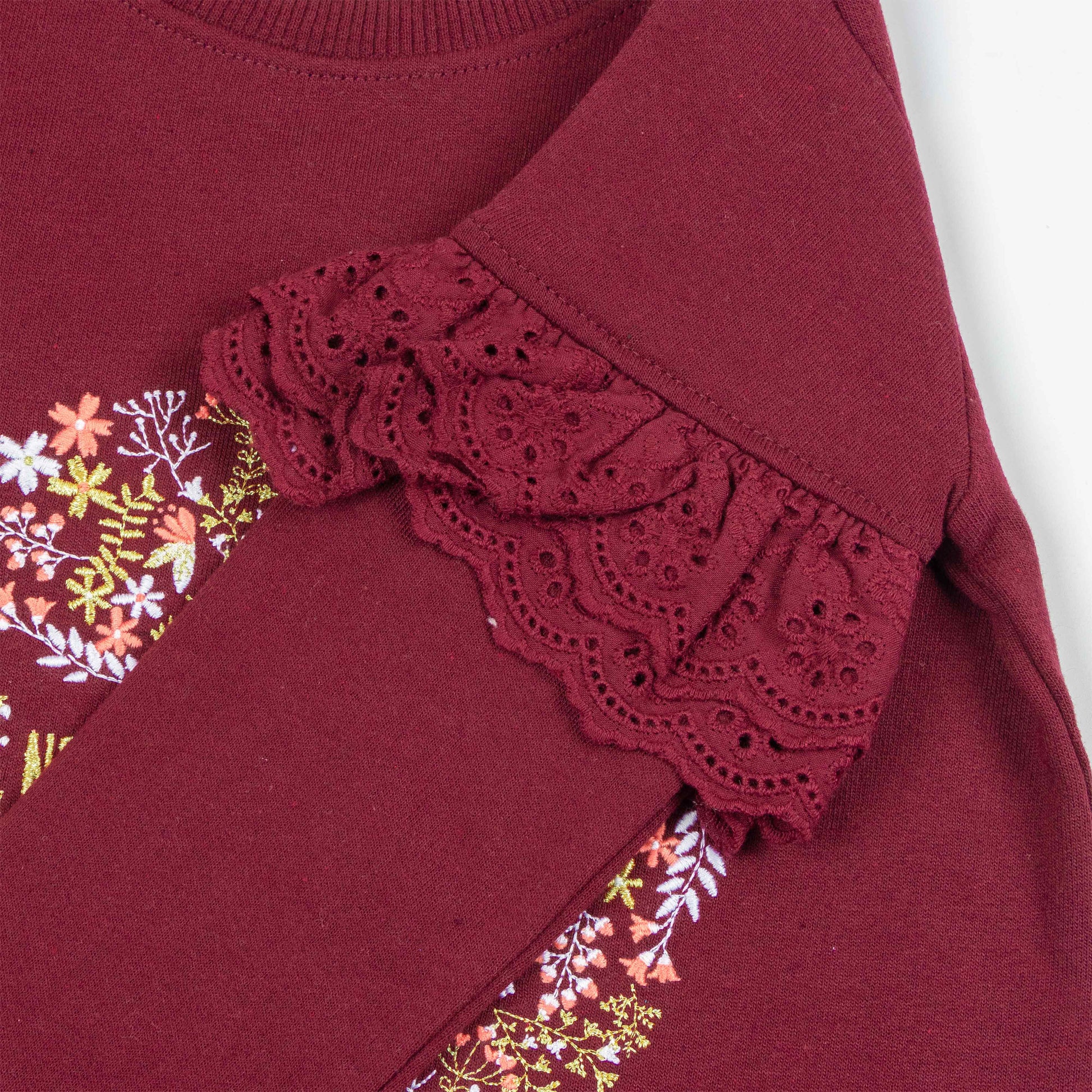 "Girls' Sweatshirt with Floral 'Never Stop Exploring' Print & Lace Ruffle Sleeves"