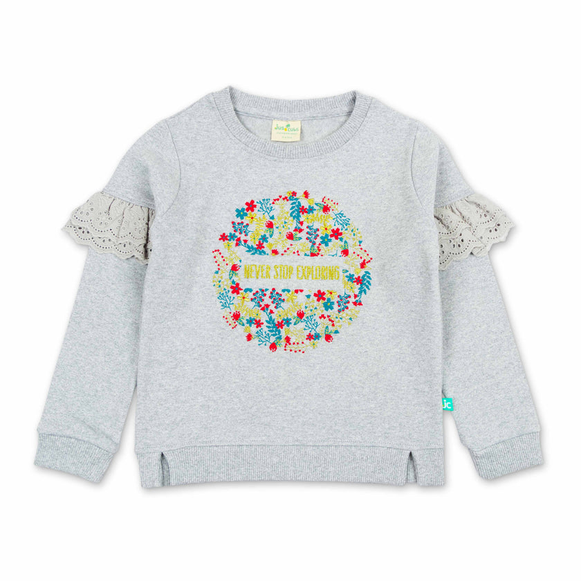 "Girls' Sweatshirt with Floral 'Never Stop Exploring' Print & Lace Ruffle Sleeves"