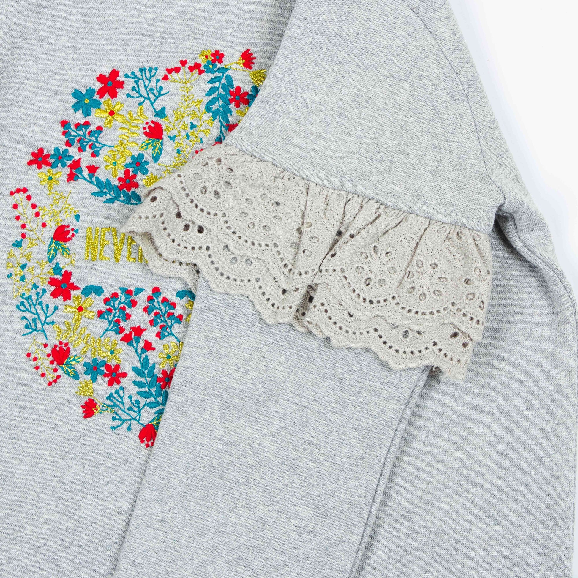 "Girls' Sweatshirt with Floral 'Never Stop Exploring' Print & Lace Ruffle Sleeves"