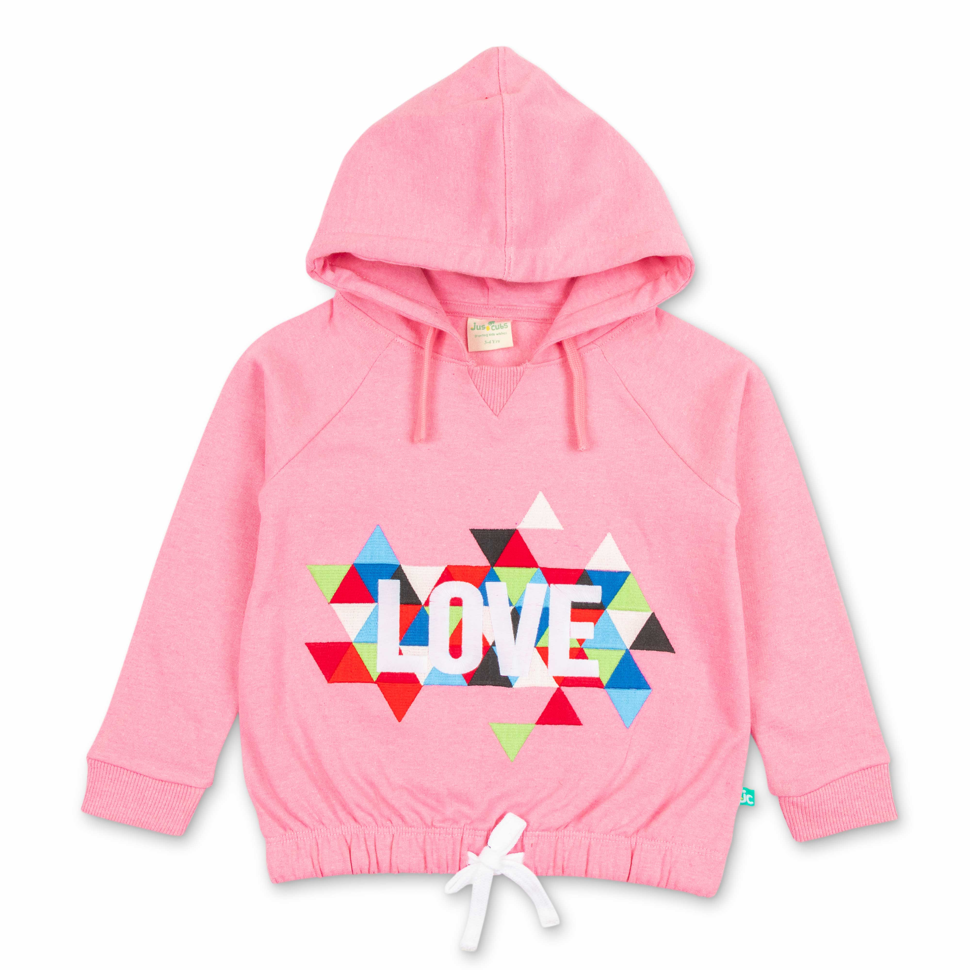 "Girls' Hoodie with Colorful Geometric 'LOVE' Print & Drawstring Hem"