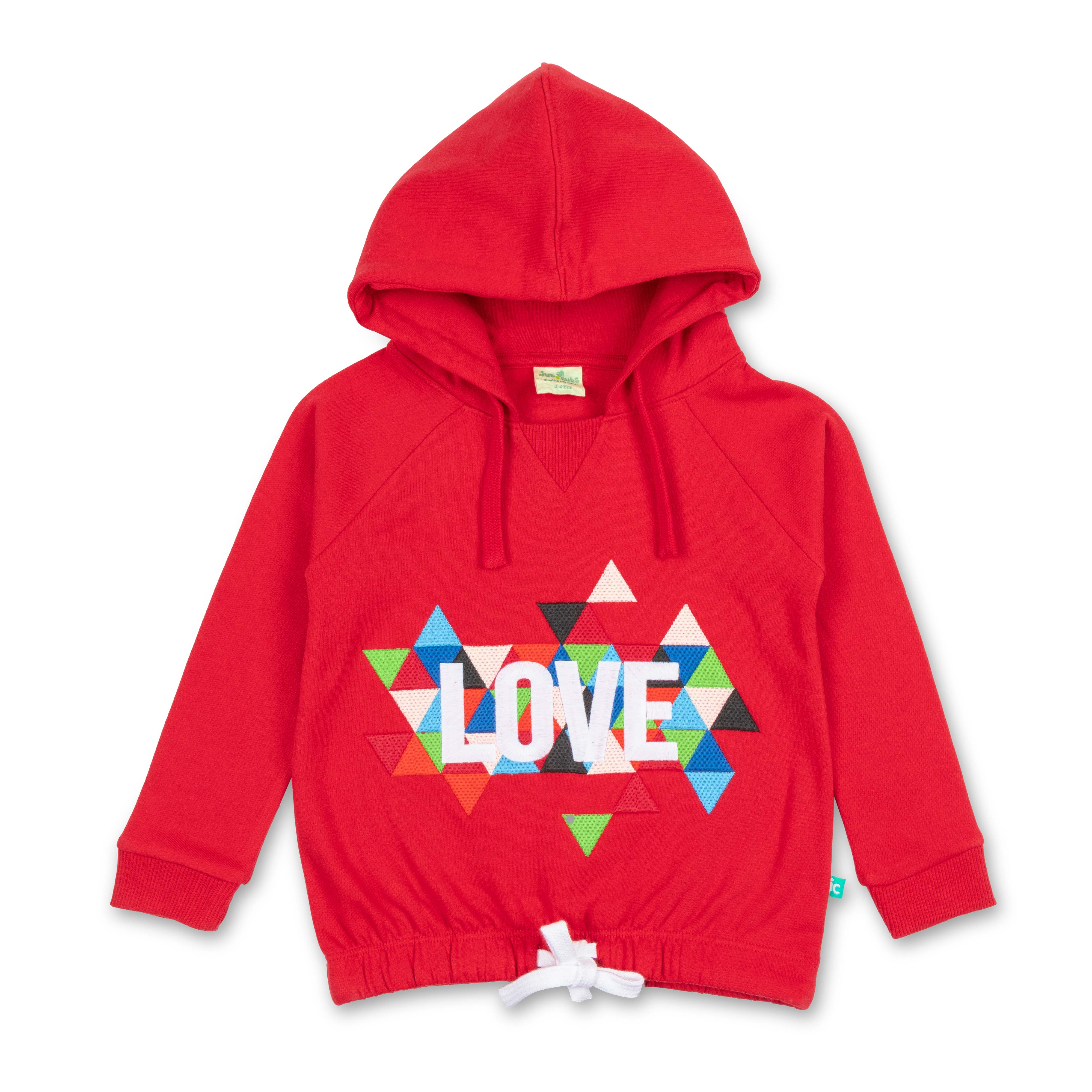 "Girls' Hoodie with Colorful Geometric 'LOVE' Print & Drawstring Hem"