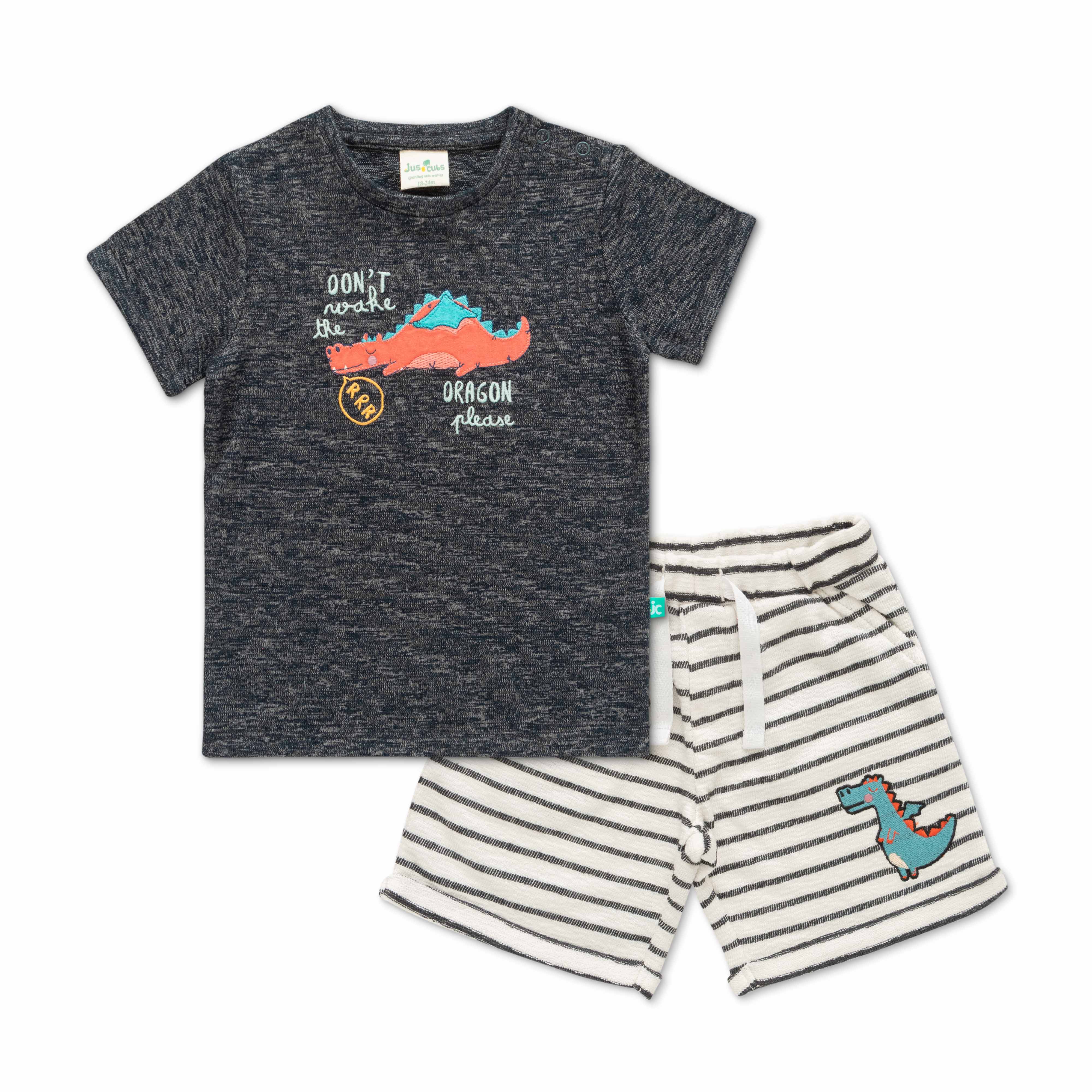 Infant Boys Striped Pure Cotton T-shirt with Shorts- Black