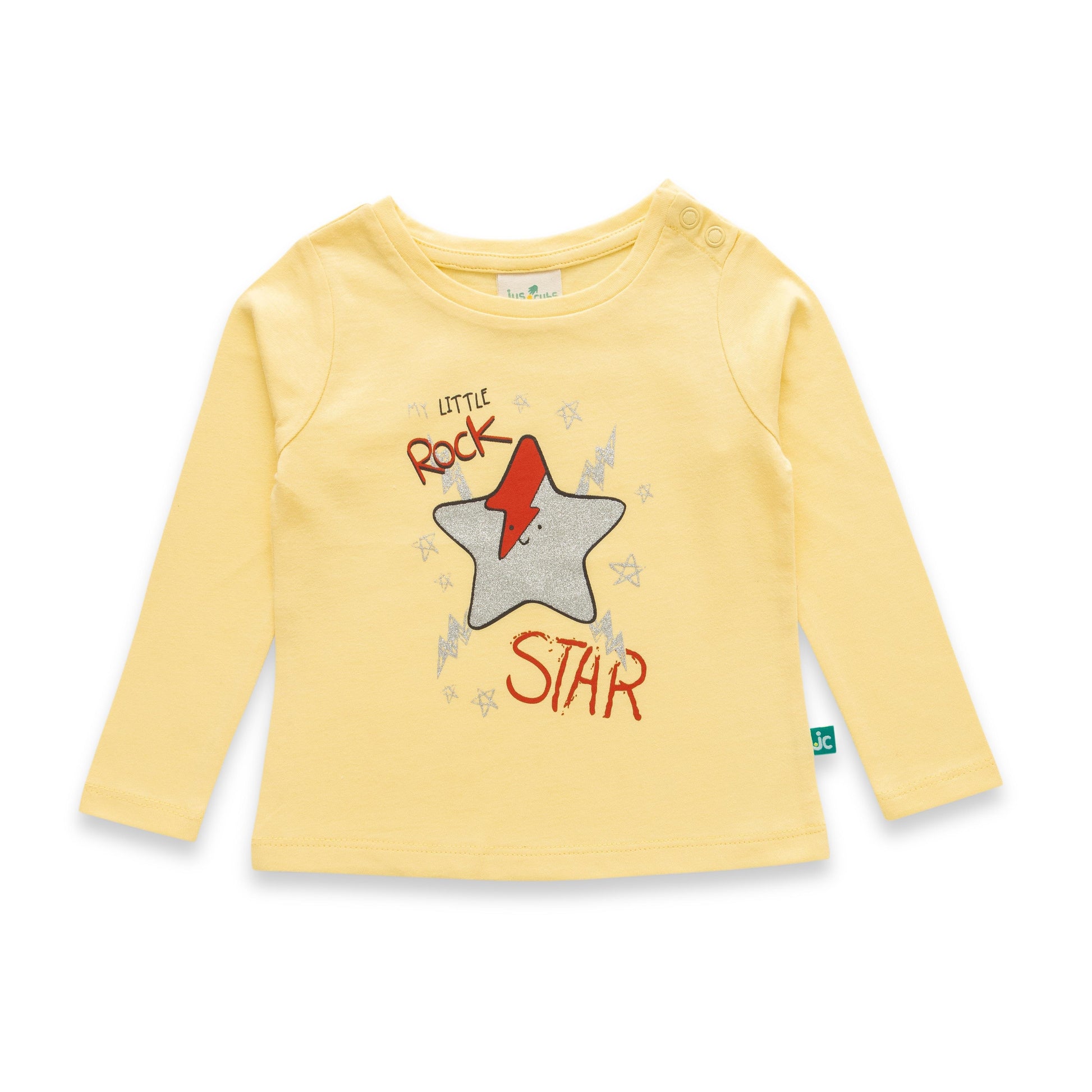 "Baby Girls' Yellow Full Sleeve T-Shirt – 'Little Rock Star' Graphic Tee with Star & Lightning Print"