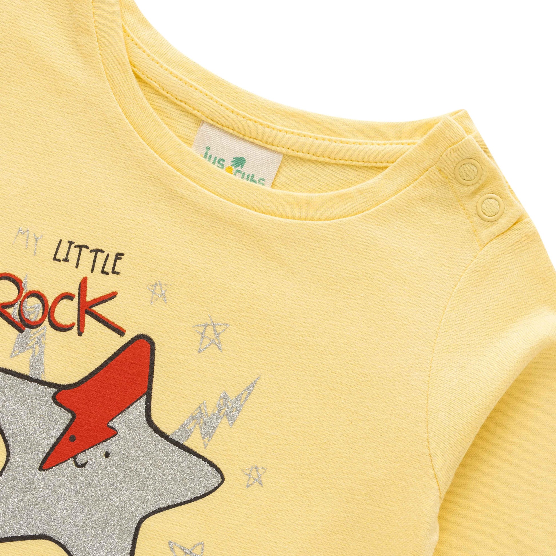 "Baby Girls' Yellow Full Sleeve T-Shirt – 'Little Rock Star' Graphic Tee with Star & Lightning Print"