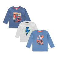 "Boys' 3-Pack Long Sleeve T-Shirts – Robot Fix Me, Superhero, and Farm Tractor Prints"