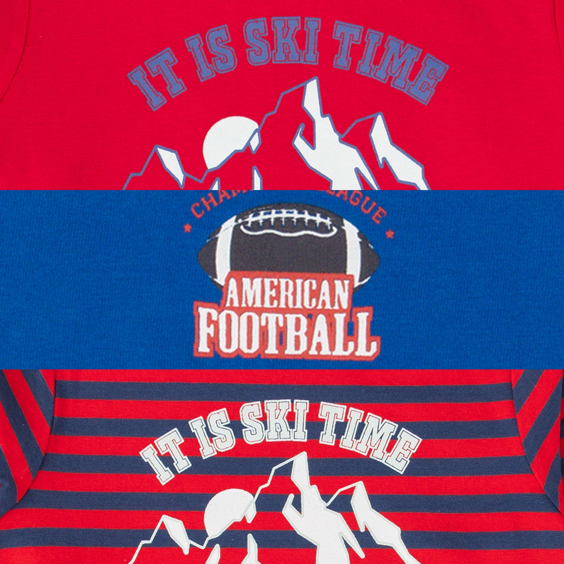 "Boys' Adventure and Sports Theme T-Shirt Combo - Set of 3 (Ski Time, Football, Alps Adventure)"