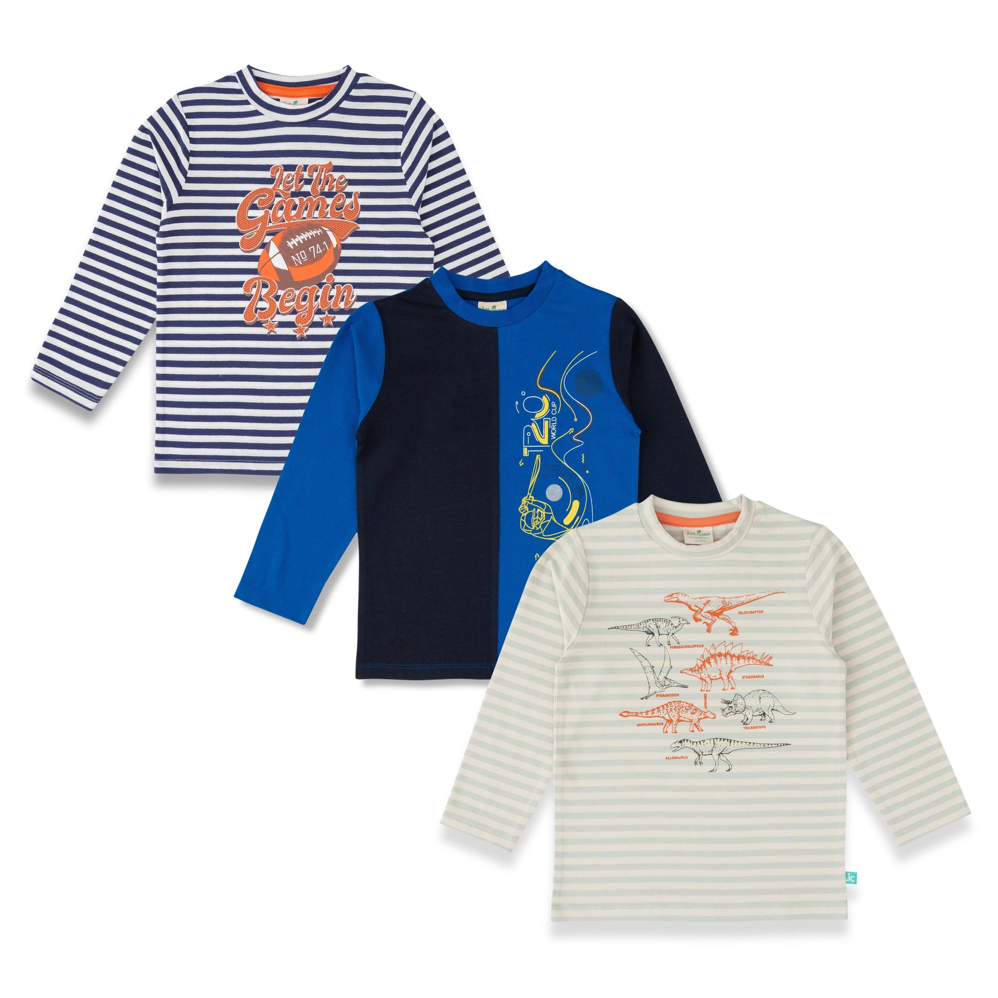 "Boys' Long Sleeve T-Shirt Combo – Pack of 3 Printed Tees (Sports & Dinosaur Theme)"