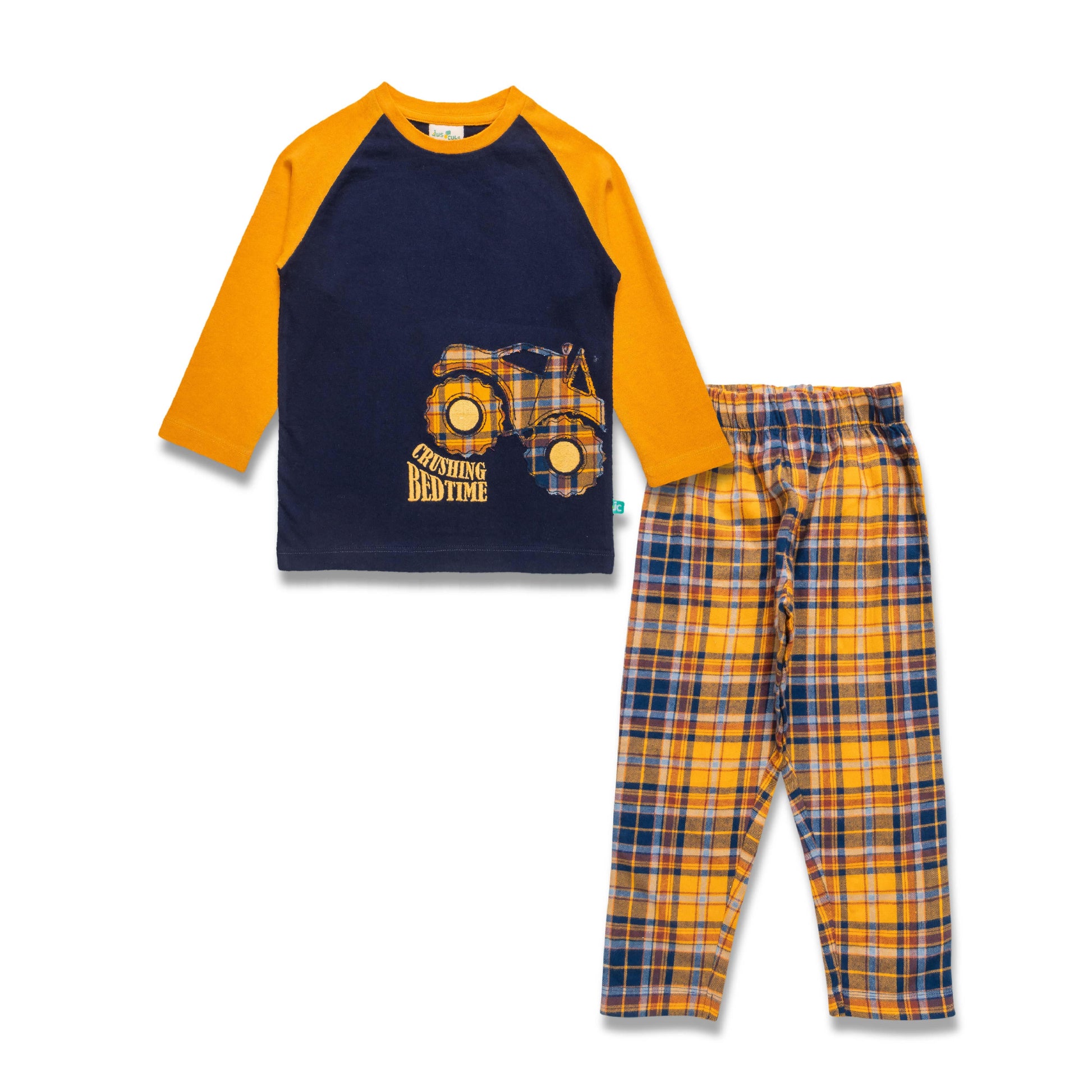 "Boys' 'Crushing Bedtime' Monster Truck Pajama Set – Yellow Sleeves & Plaid Pants"
