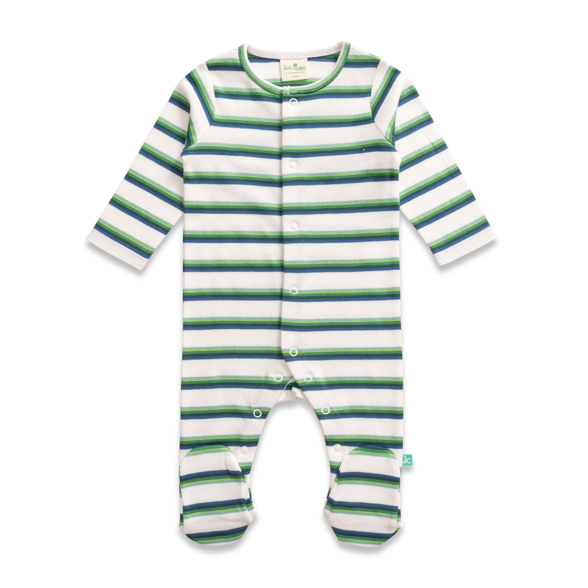 "Striped Baby Boys Footed Sleepsuit – Green & Navy | 100% Cotton"