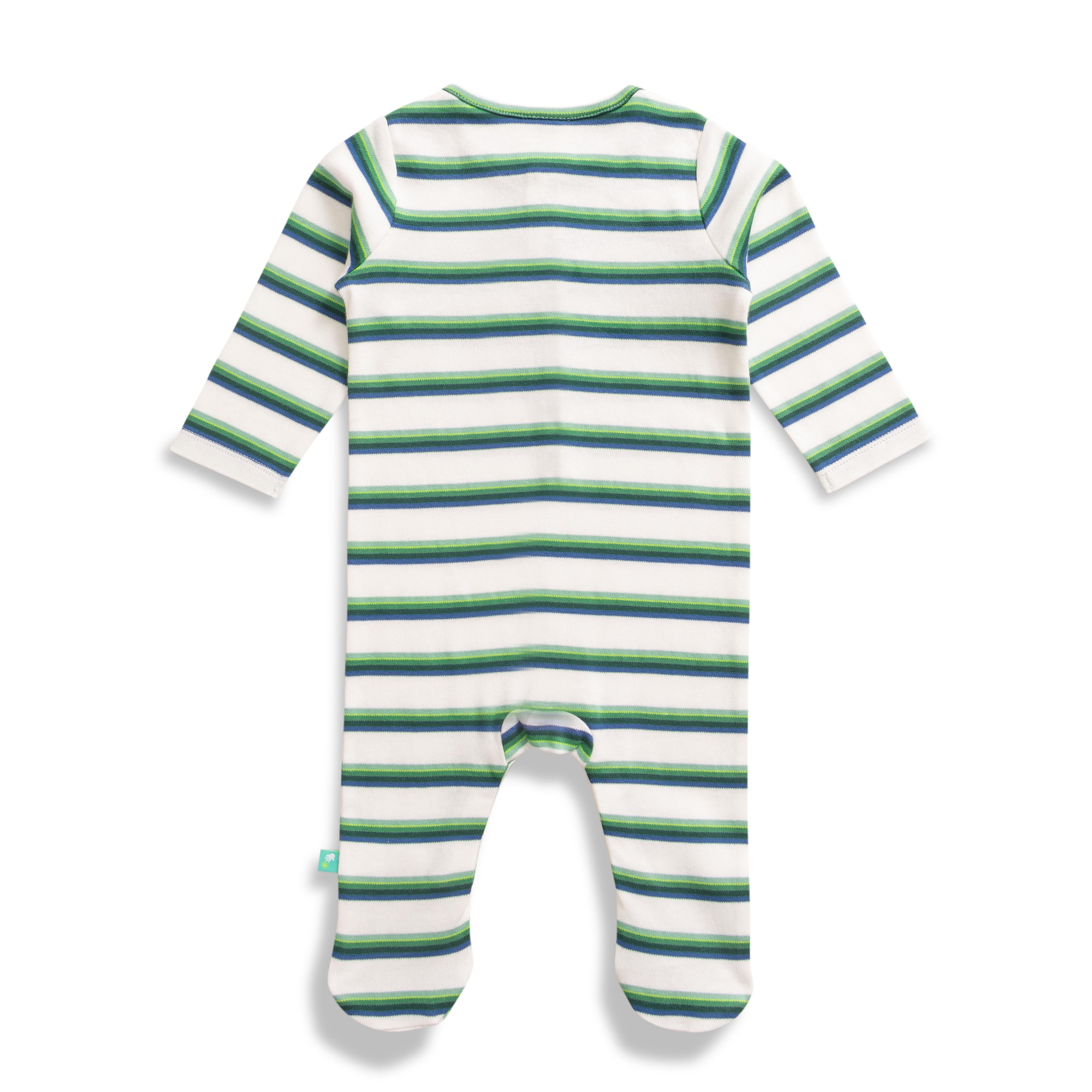 "Striped Baby Boys Footed Sleepsuit – Green & Navy | 100% Cotton"