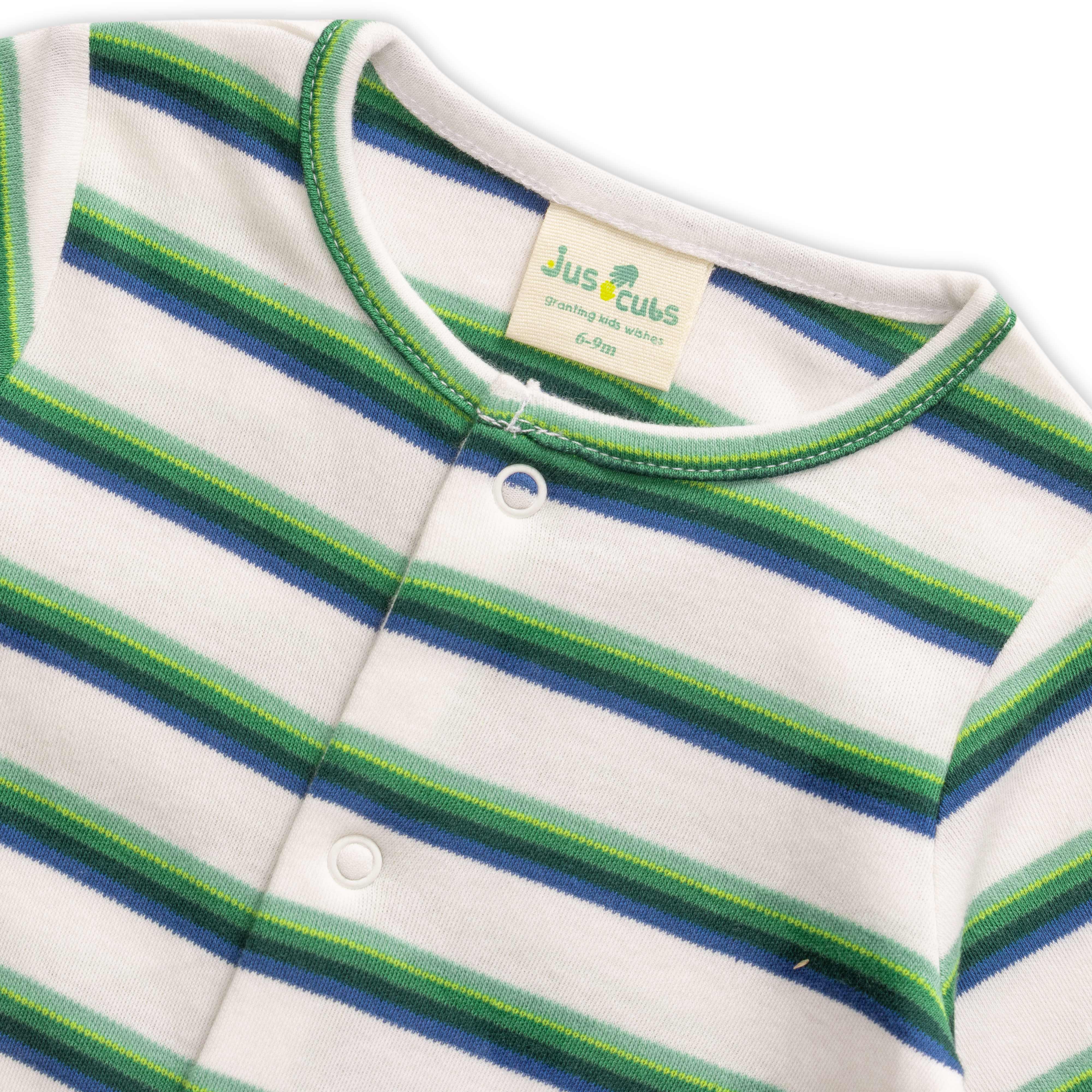 "Striped Baby Boys Footed Sleepsuit – Green & Navy | 100% Cotton"