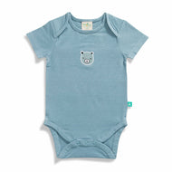 "Blue Striped Baby Boys Bodysuit with Bear Patch – Short Sleeve Cotton Onesie"
