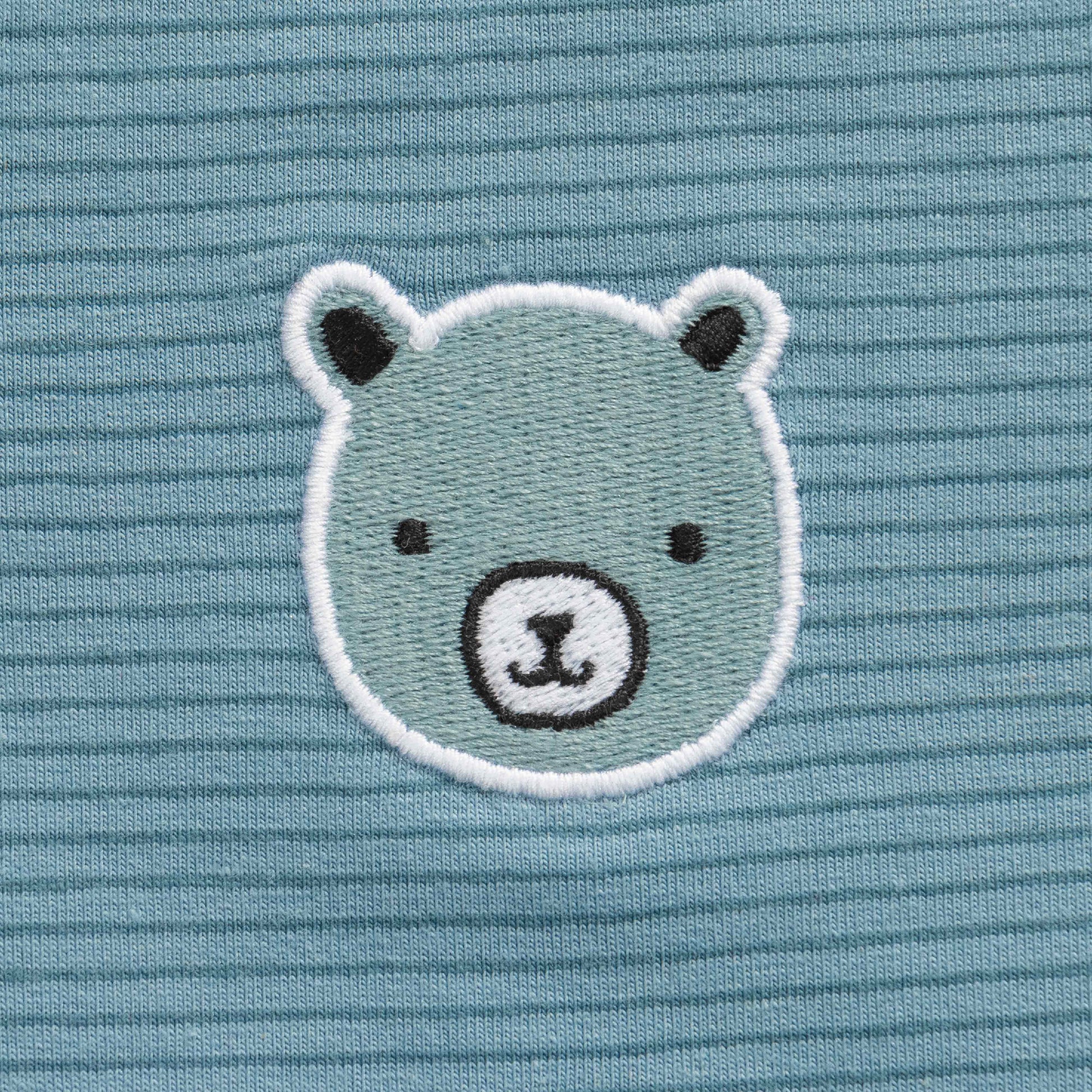 "Blue Striped Baby Boys Bodysuit with Bear Patch – Short Sleeve Cotton Onesie"